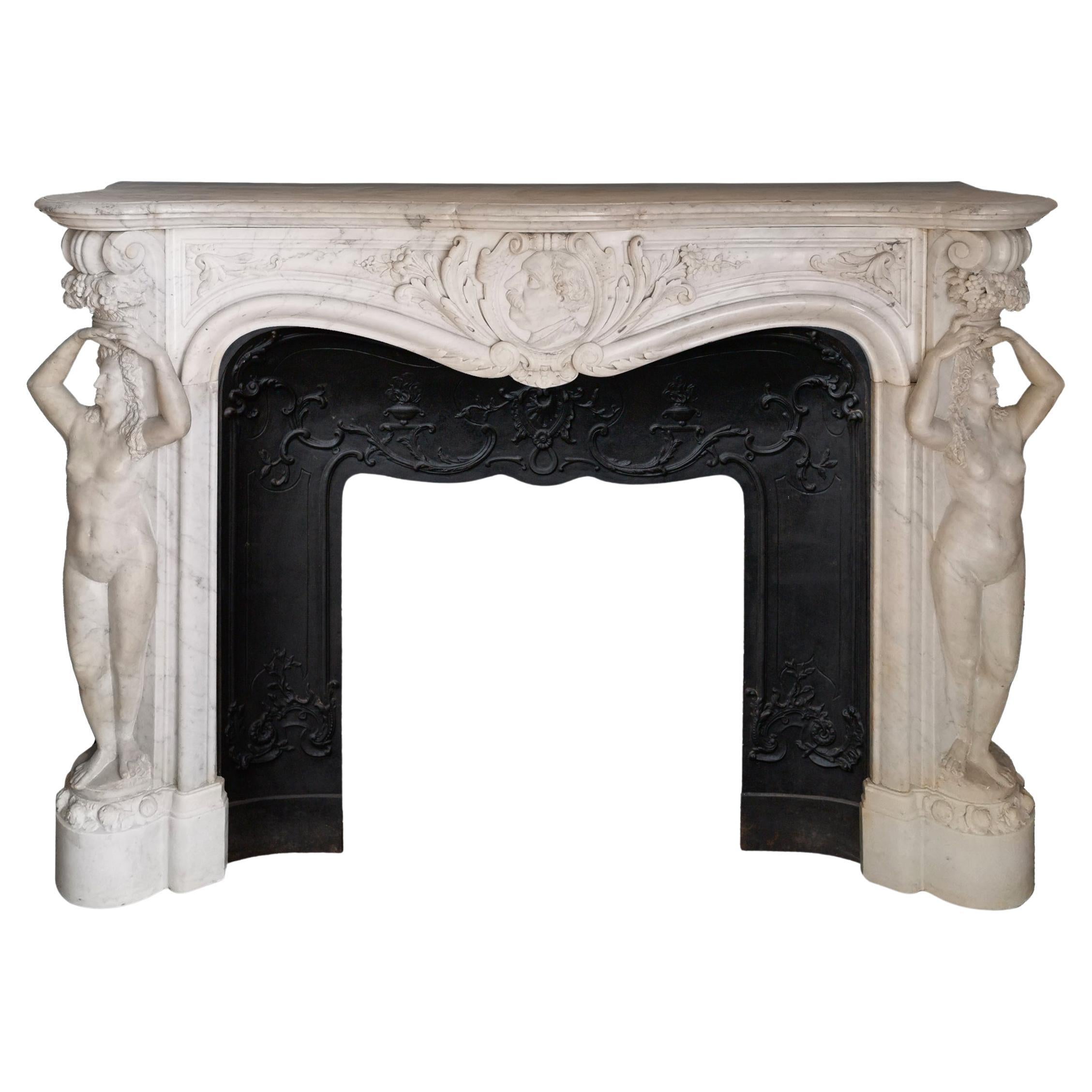 Napoleon III Marble Fireplace with Caryatids, Unique Creation, 1880 For Sale