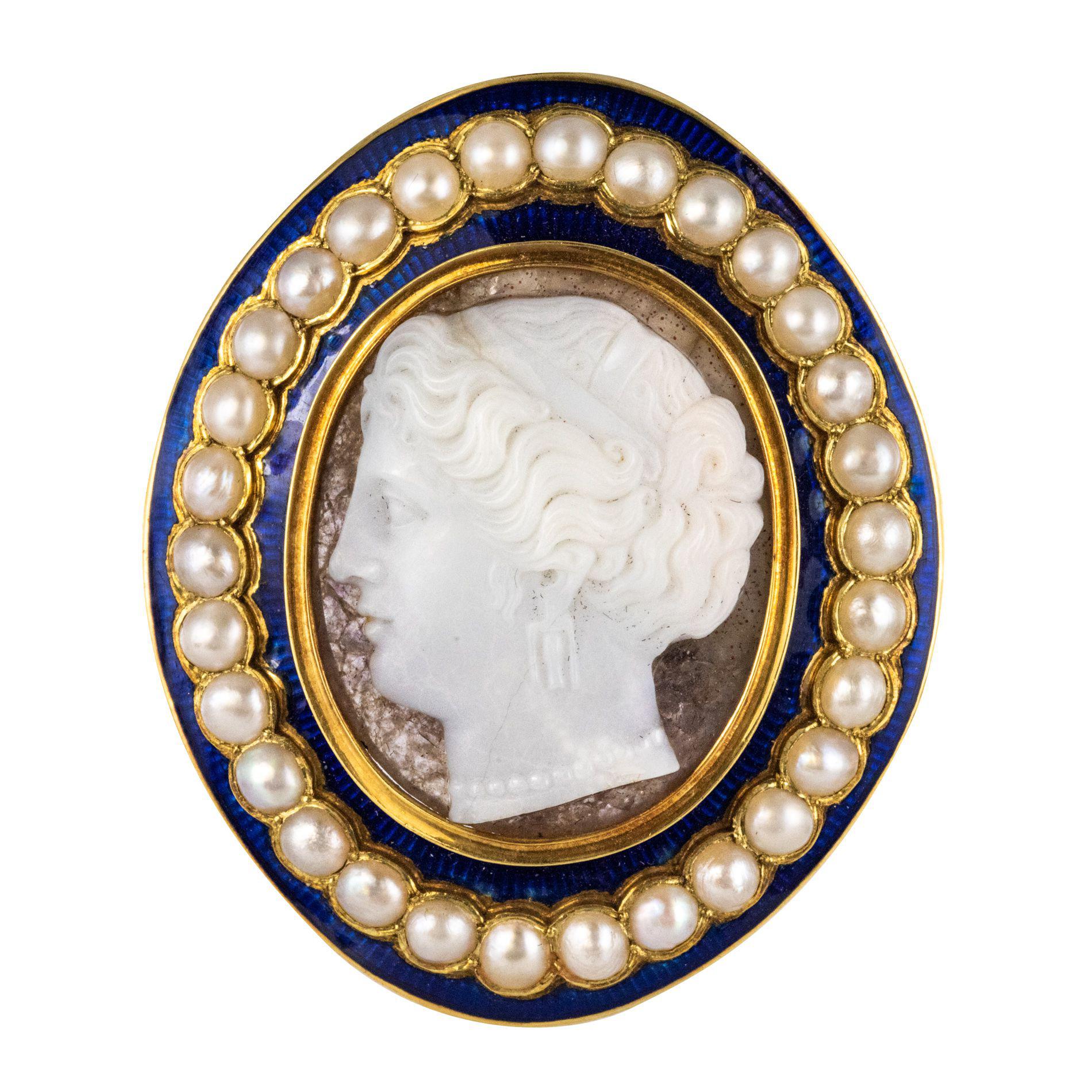 Napoleon III Natural Pearl Enamel Agate Gold Cameo Brooch