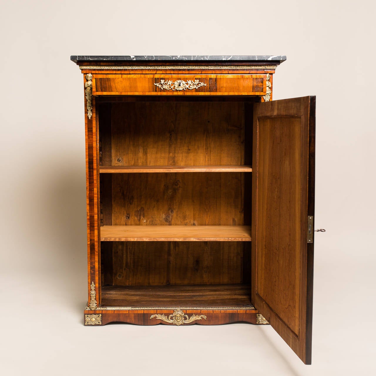 French Napoleon III Nut Wood Half Cabinet/ Vertiko with Inlay Works, France, circa 1880