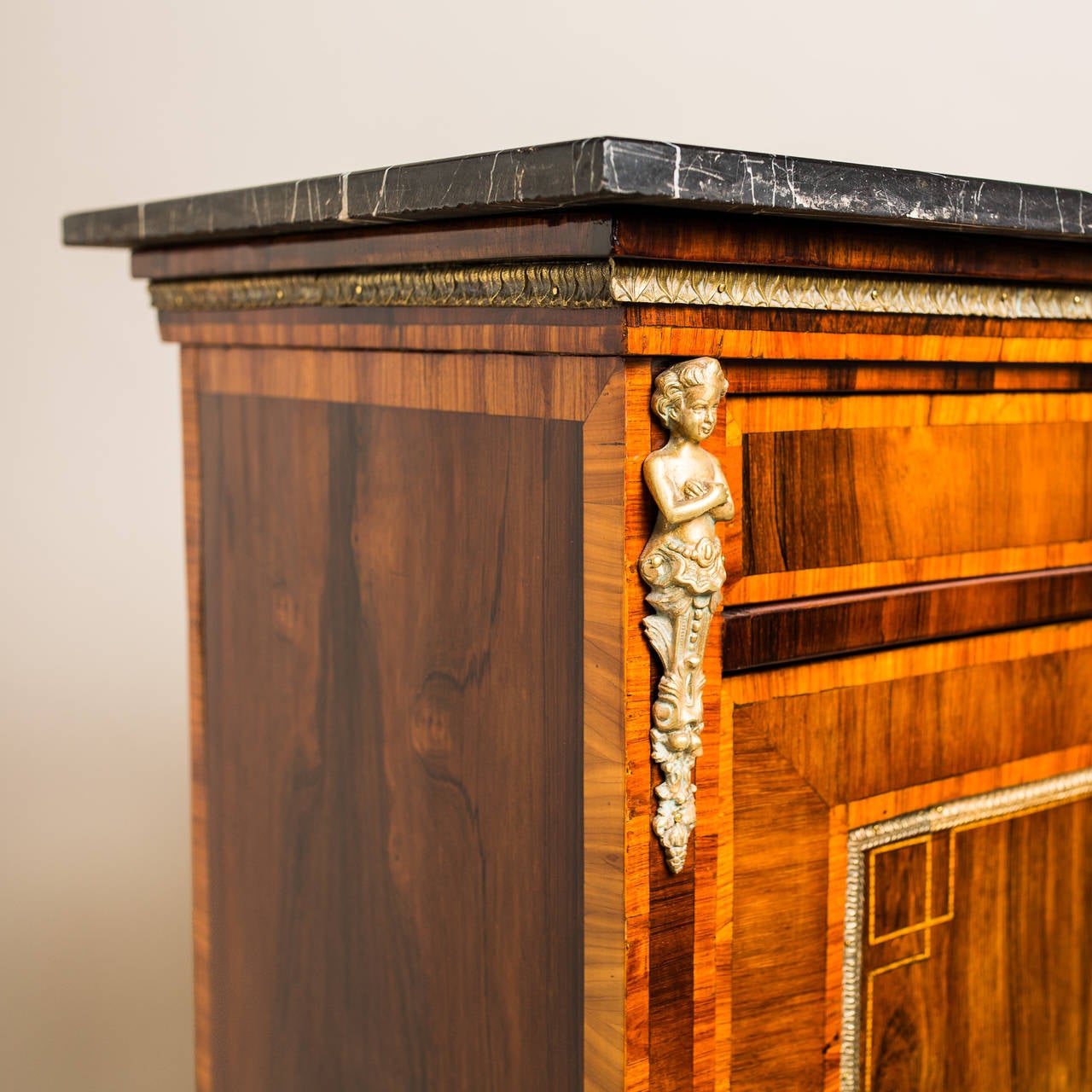 Appliqué Napoleon III Nut Wood Half Cabinet/ Vertiko with Inlay Works, France, circa 1880