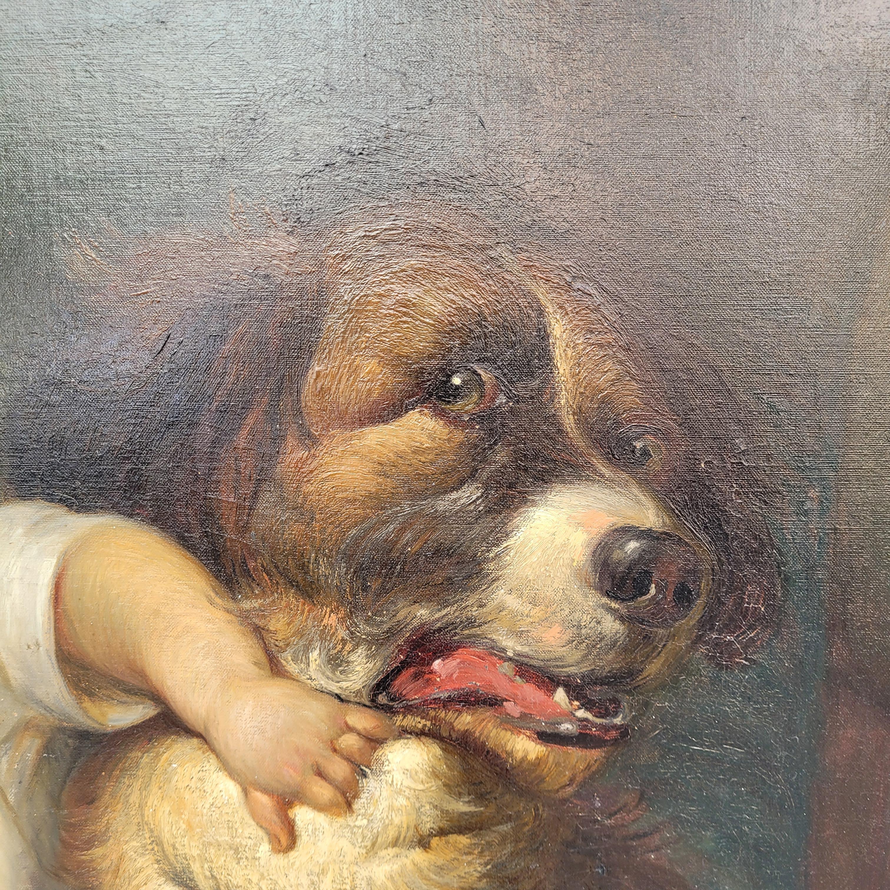 Napoléon III Huile sur toile Portrait d'enfant Garçon avec chien Ecole française en vente 4