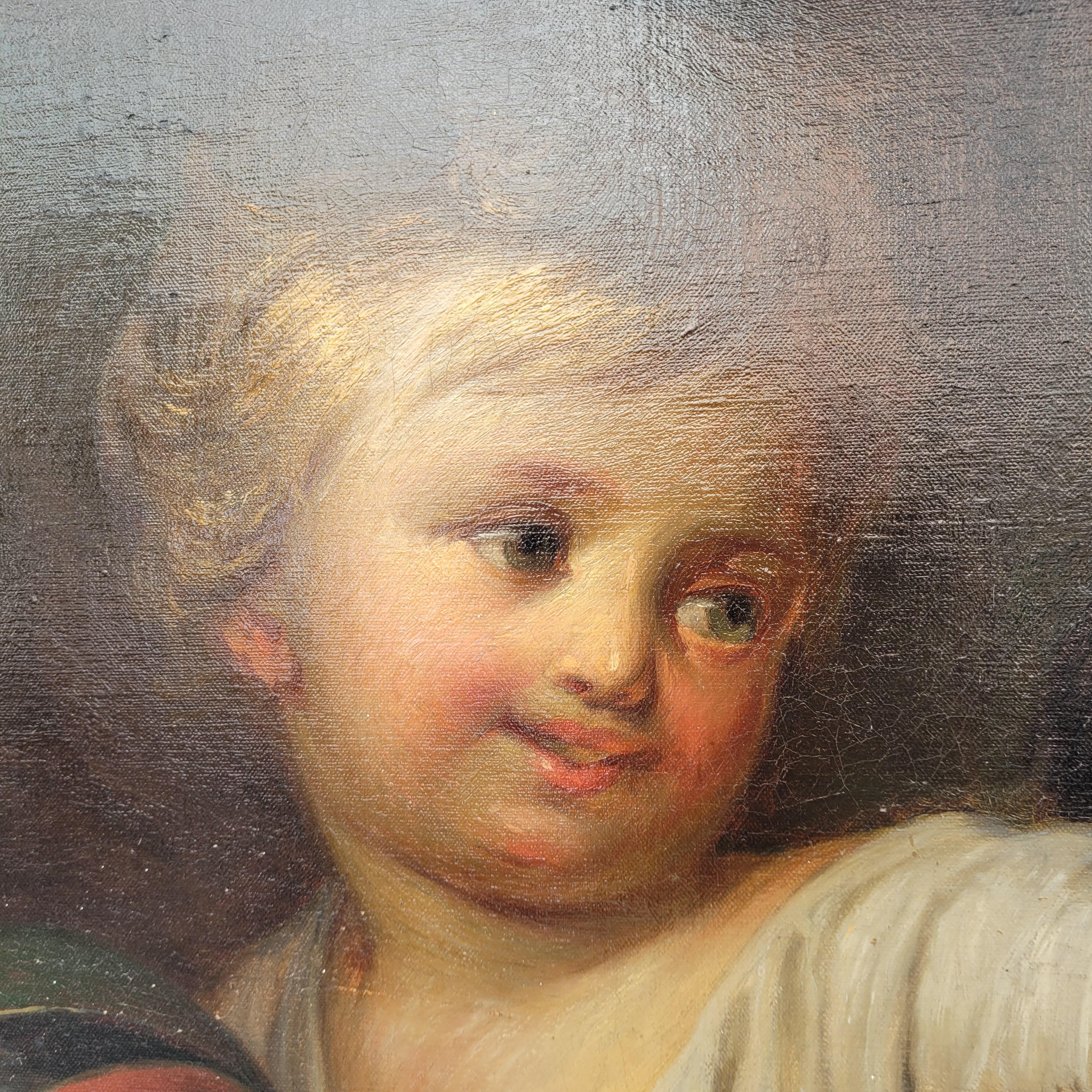 Napoléon III Huile sur toile Portrait d'enfant Garçon avec chien Ecole française en vente 5
