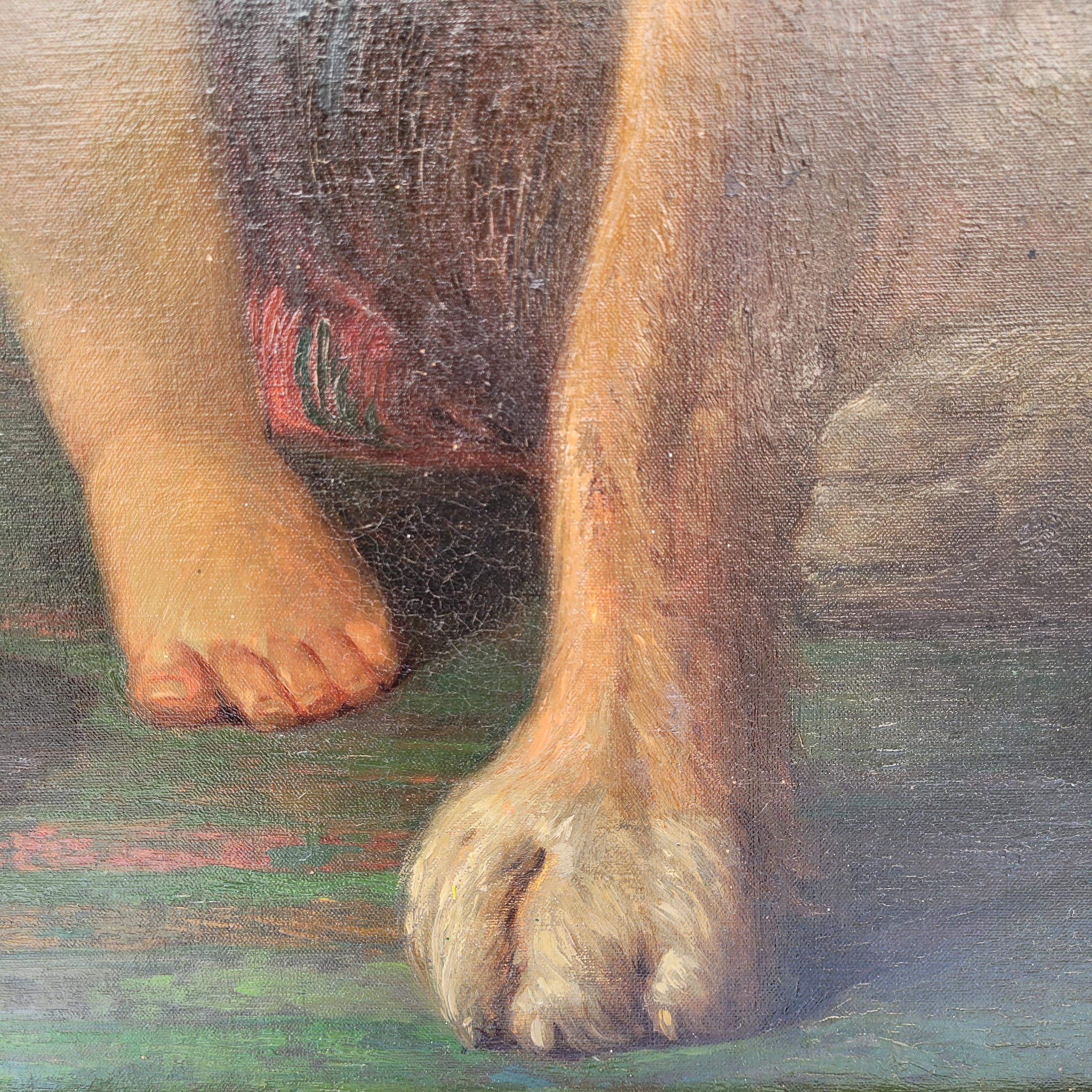 Napoléon III Huile sur toile Portrait d'enfant Garçon avec chien Ecole française en vente 9