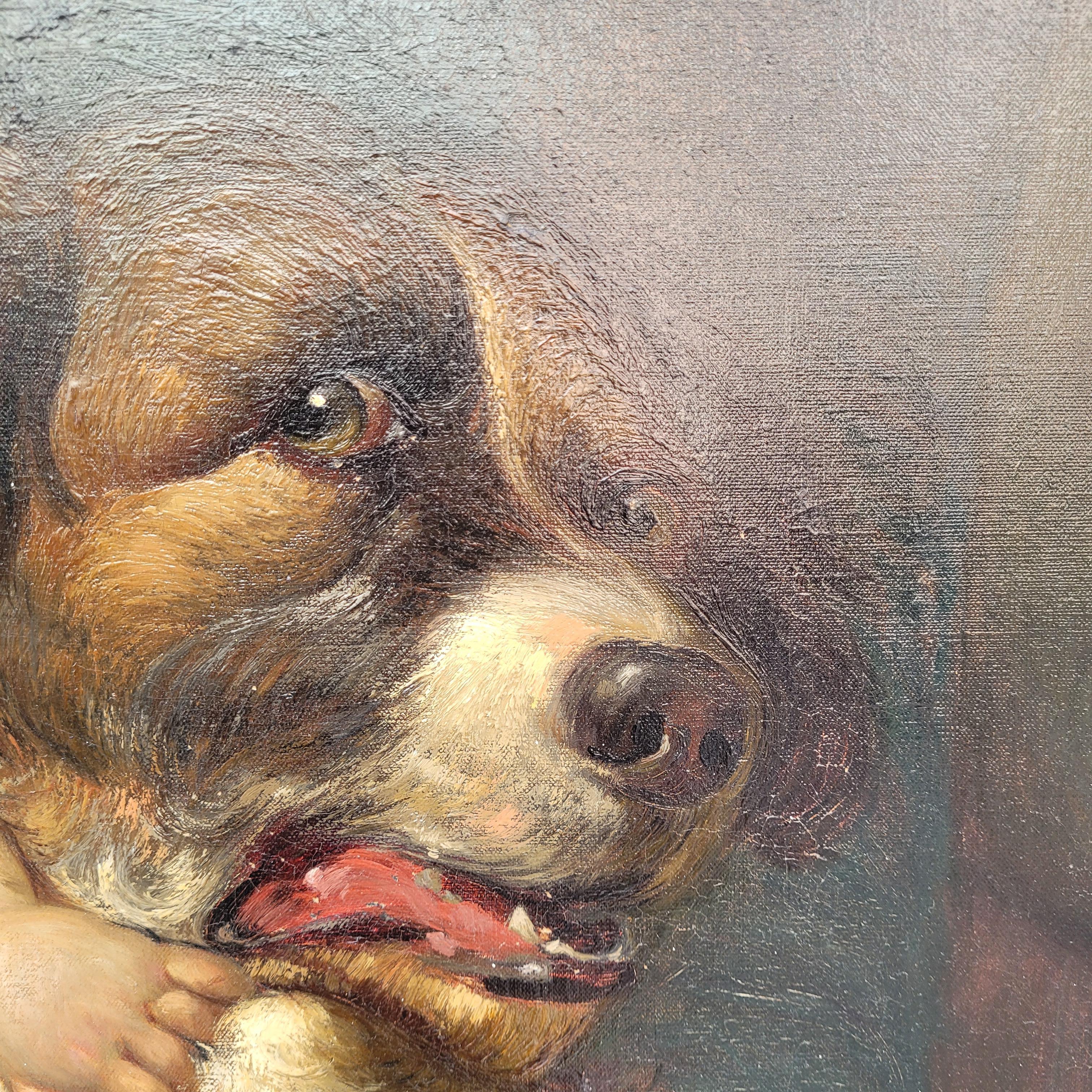 Napoléon III Huile sur toile Portrait d'enfant Garçon avec chien Ecole française en vente 11