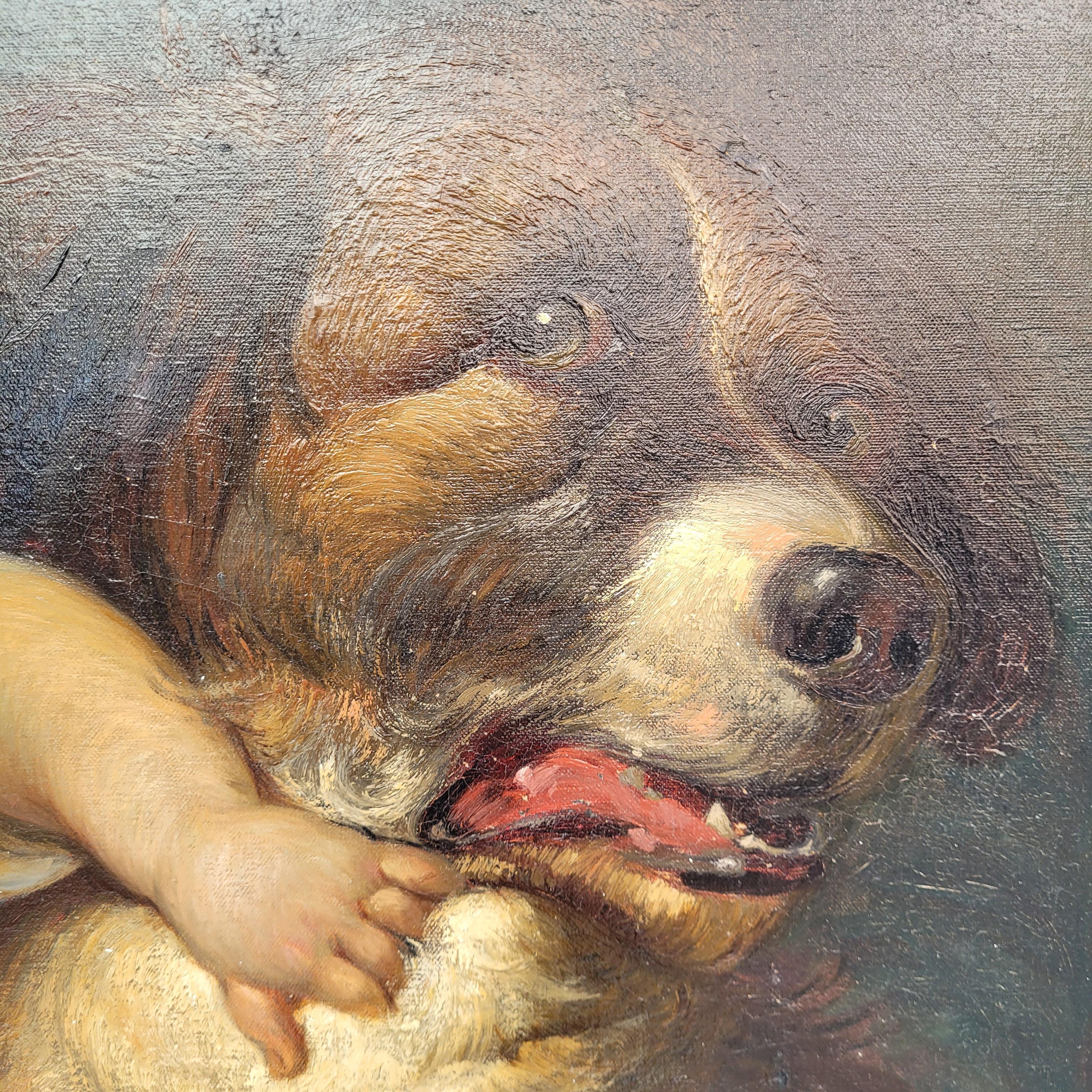 Napoléon III Huile sur toile Portrait d'enfant Garçon avec chien Ecole française en vente 12
