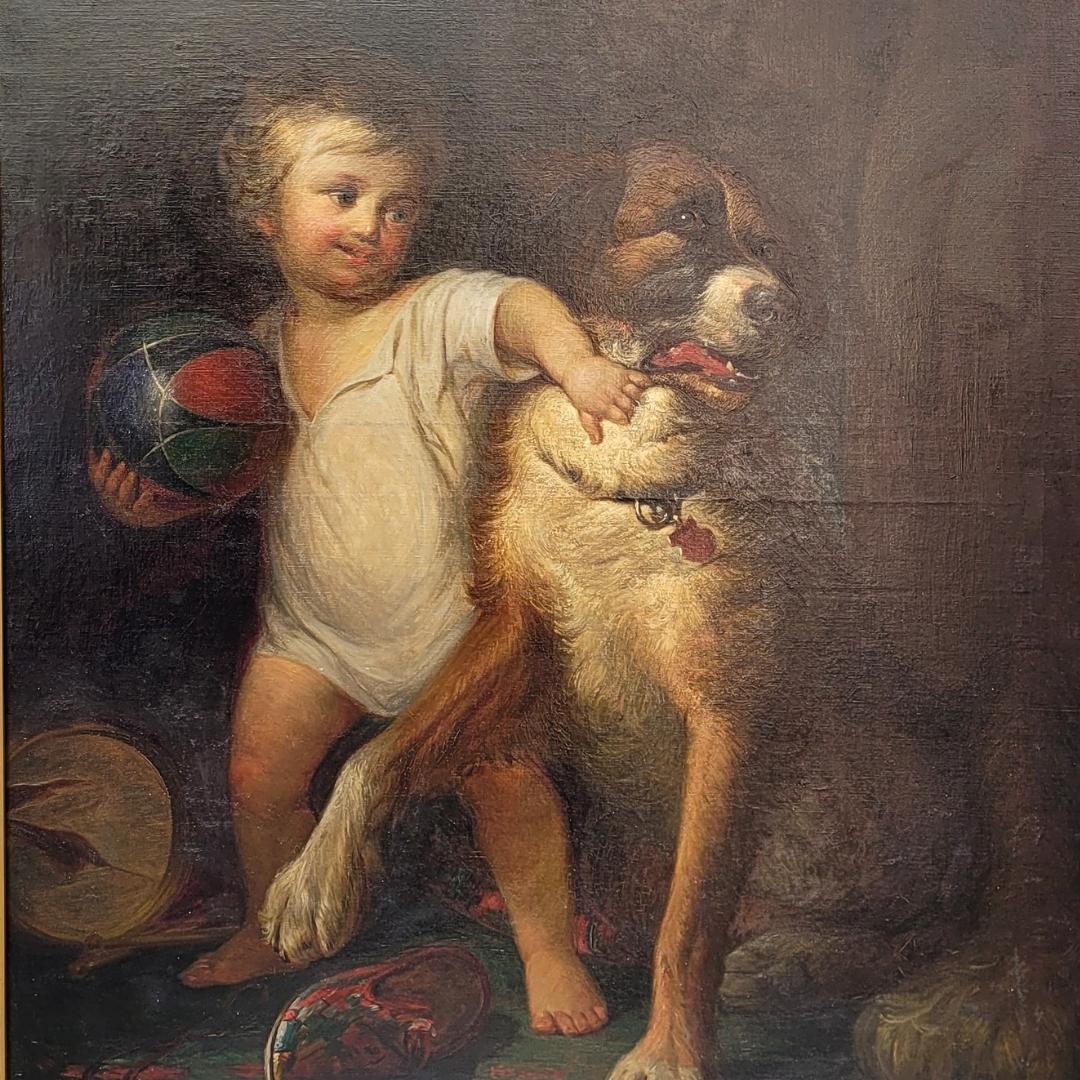 Peint à la main Napoléon III Huile sur toile Portrait d'enfant Garçon avec chien Ecole française en vente