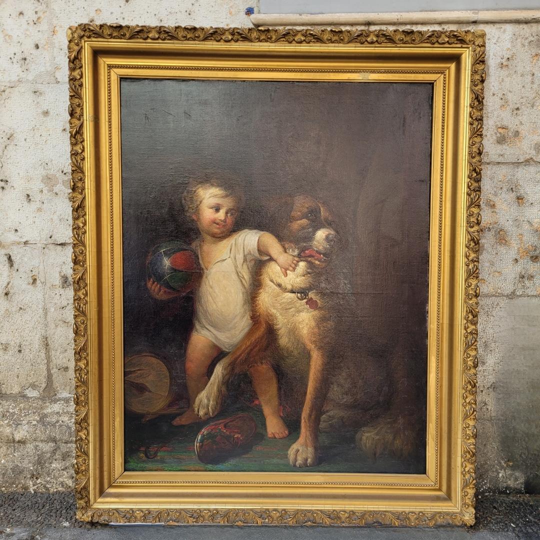 Napoléon III Huile sur toile Portrait d'enfant Garçon avec chien Ecole française Bon état - En vente à Valladolid, ES