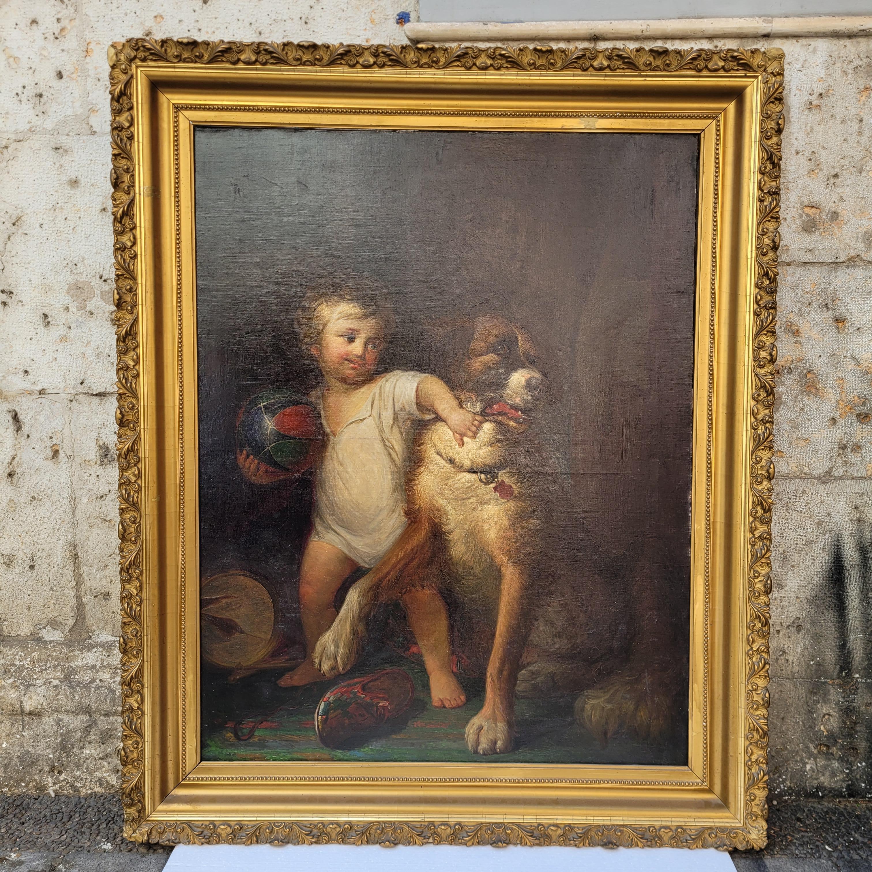 Milieu du XIXe siècle Napoléon III Huile sur toile Portrait d'enfant Garçon avec chien Ecole française en vente