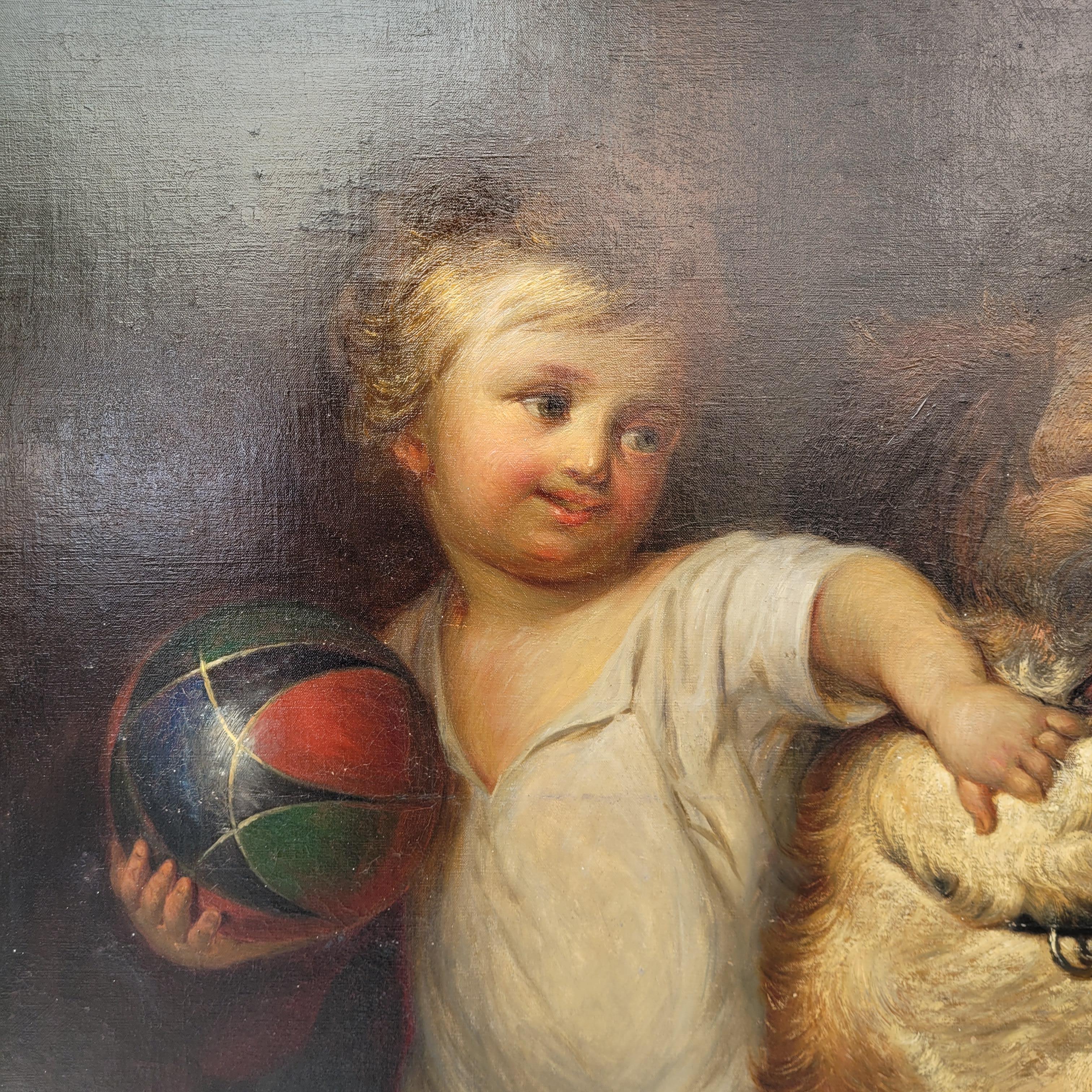 Napoléon III Huile sur toile Portrait d'enfant Garçon avec chien Ecole française en vente 2