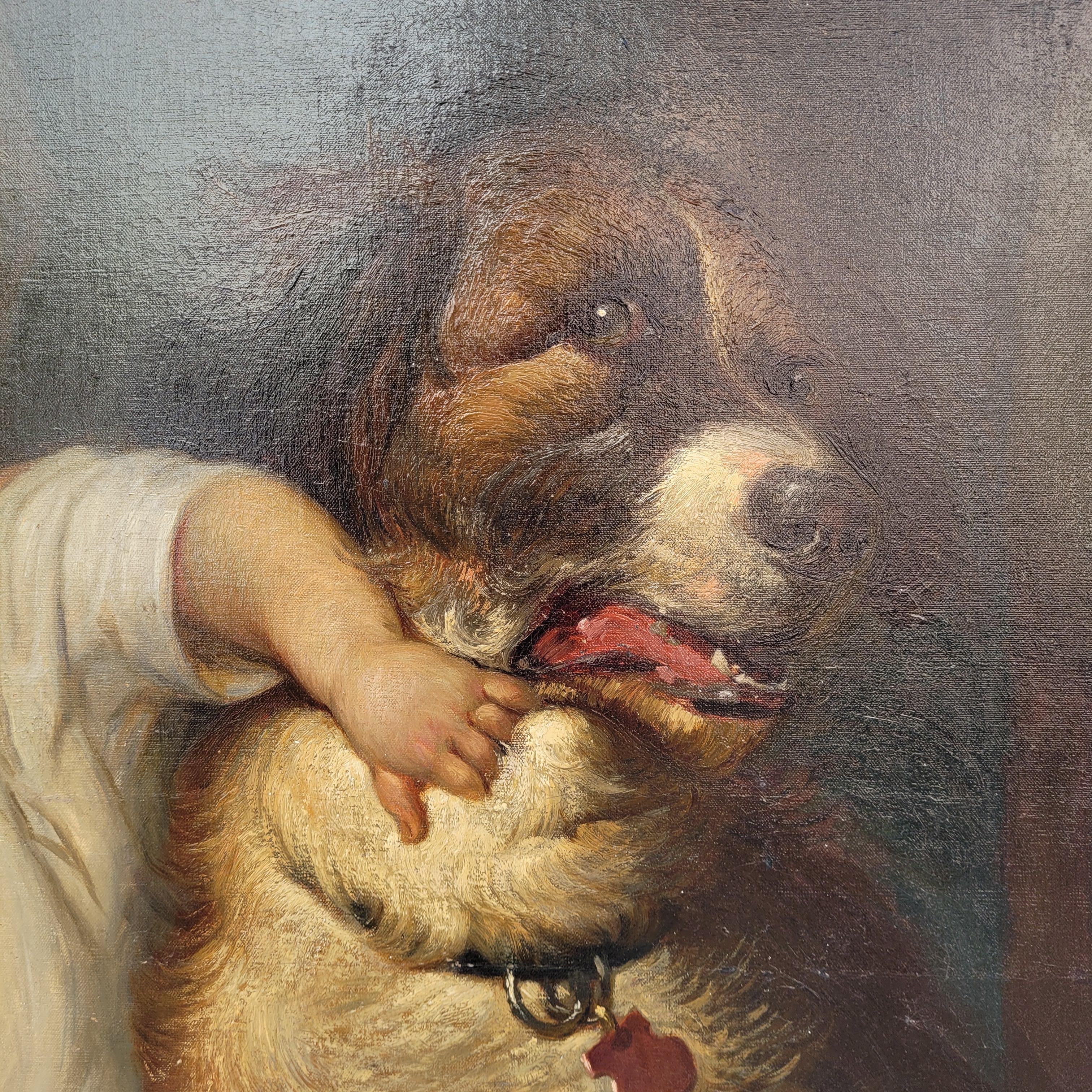 Napoléon III Huile sur toile Portrait d'enfant Garçon avec chien Ecole française en vente 3