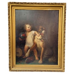 Napoleon III Oil on Canvas Child Portrait Boy with Dog French School