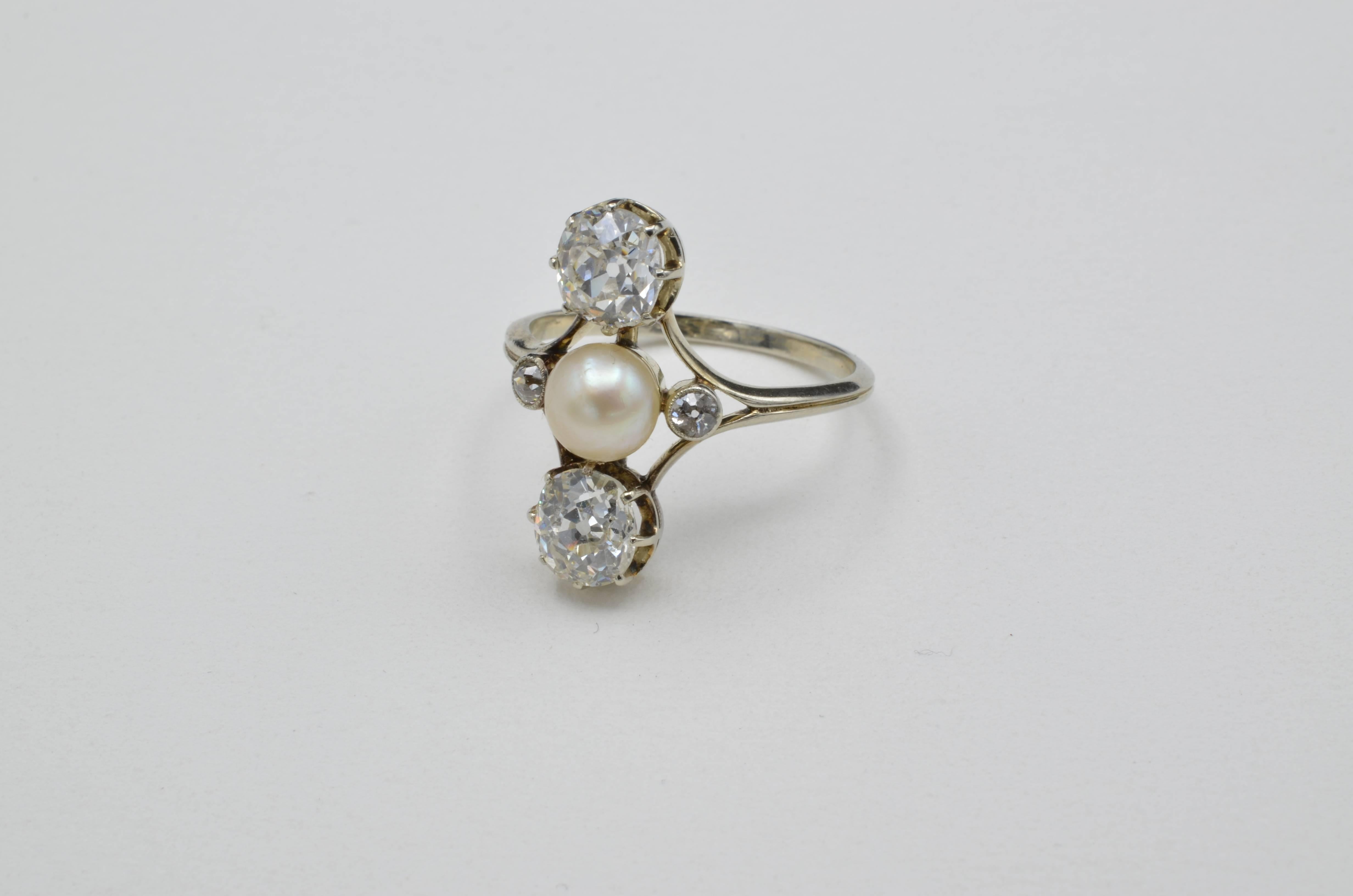Old European Cut Napoleon III Old Mine Cut Diamonds and Fresh Water Pearl Ring Josephine Style For Sale