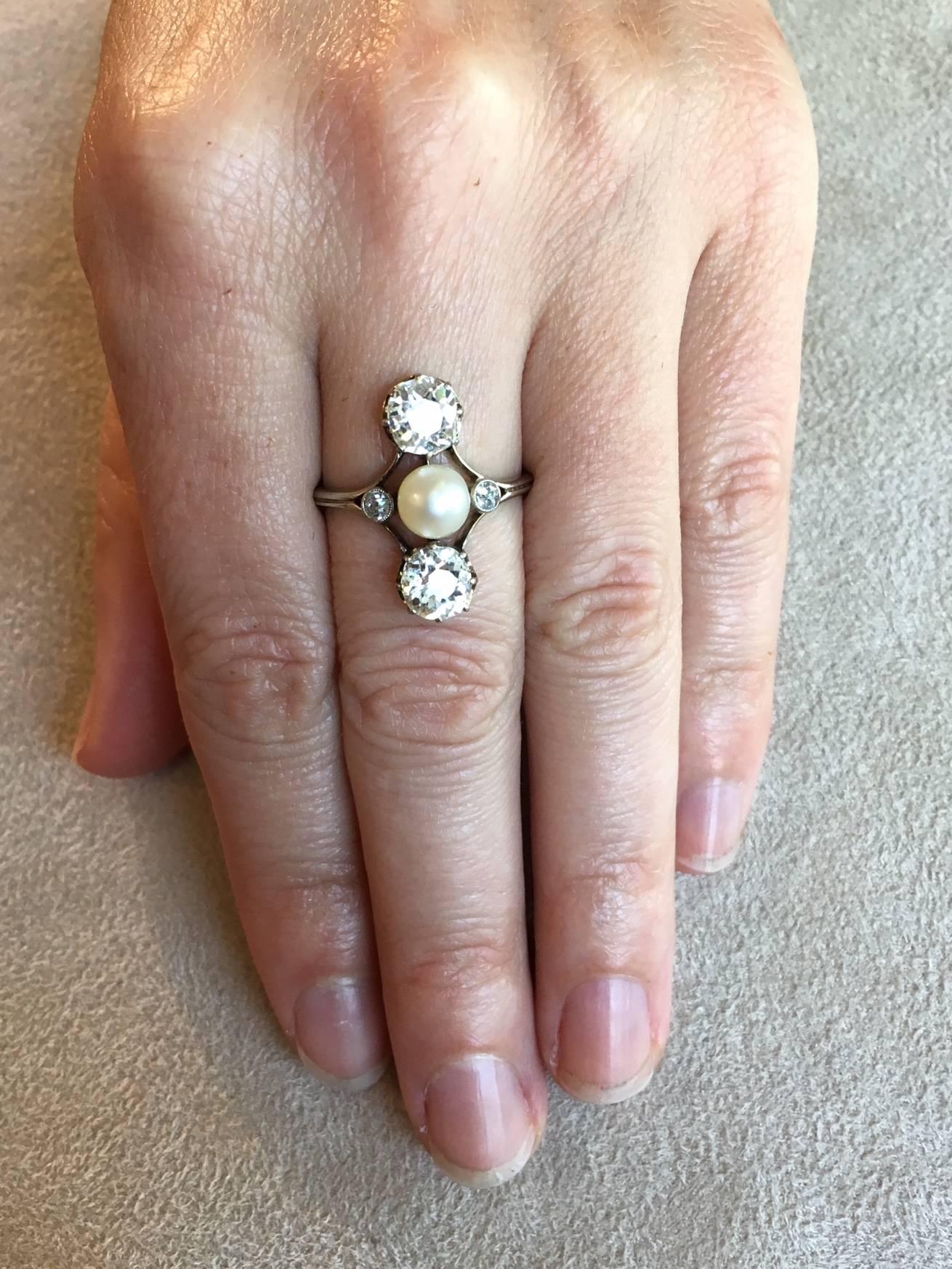 Napoleon III Old Mine Cut Diamonds and Fresh Water Pearl Ring Josephine Style In Excellent Condition For Sale In Berkeley, CA