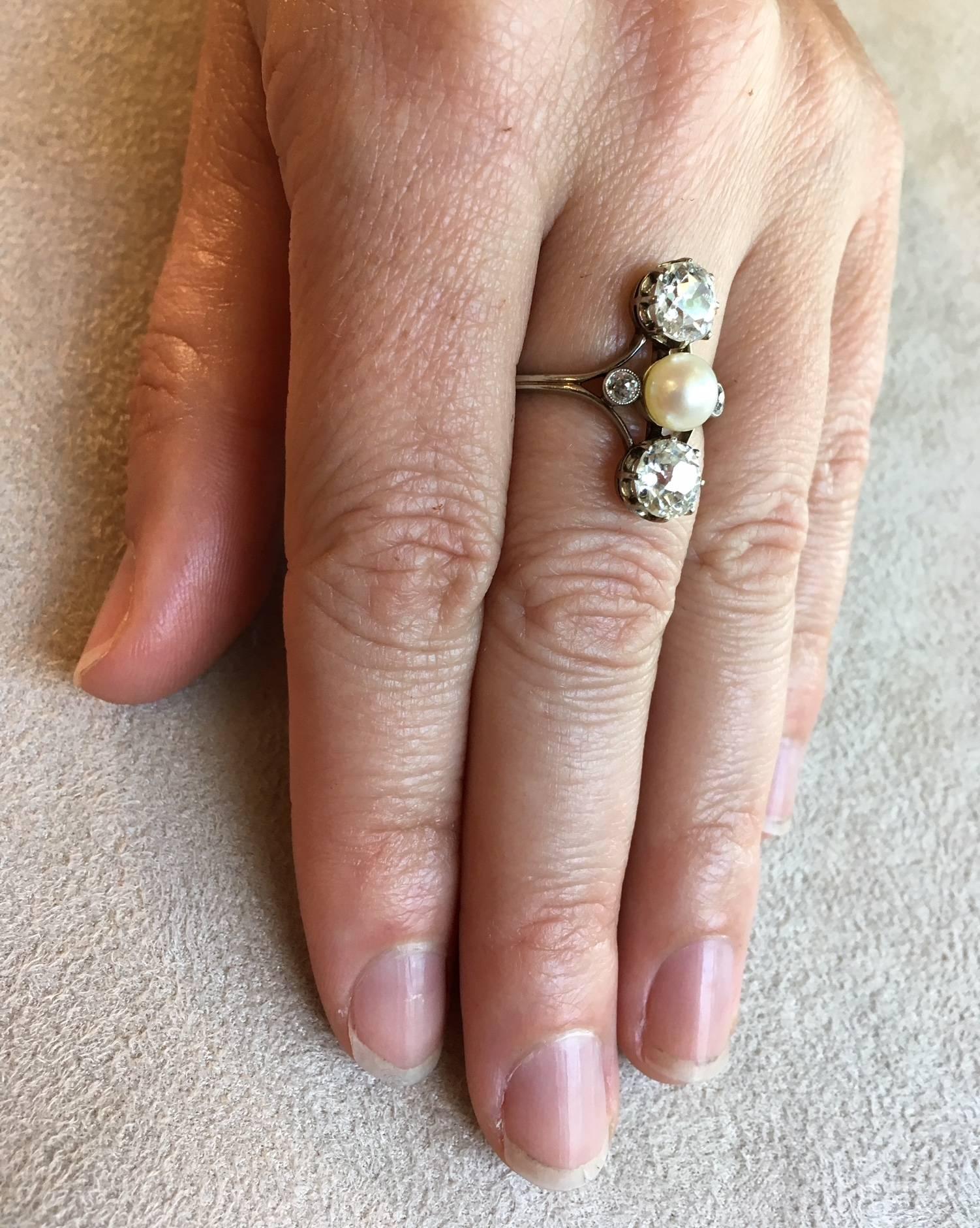 Ring mit Diamanten im Altminenschliff und Süßwasserperlen im Josephine-Stil von Napoleon III. im Angebot 3