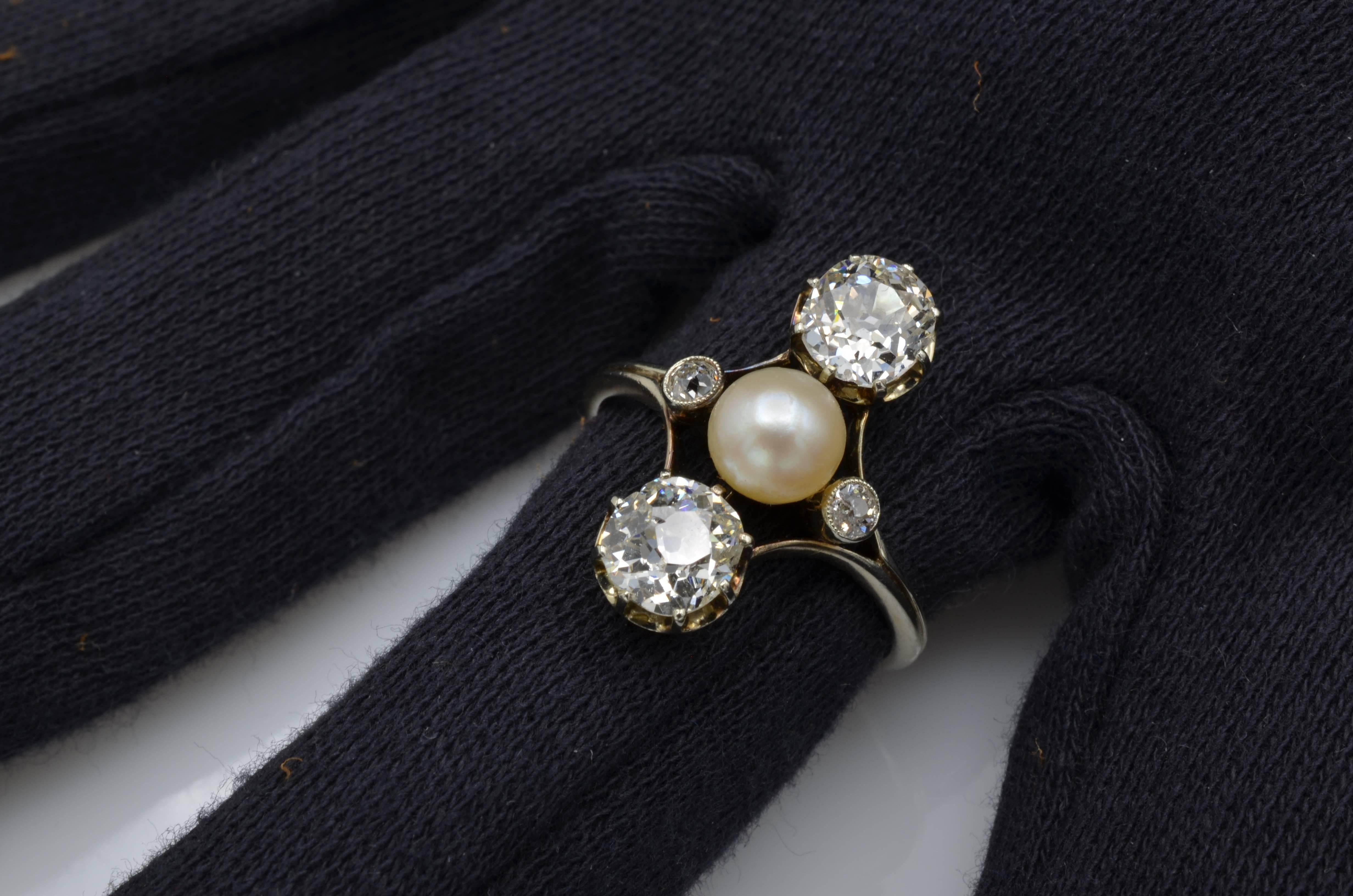 Napoleon III Old Mine Cut Diamonds and Fresh Water Pearl Ring Josephine Style For Sale 1