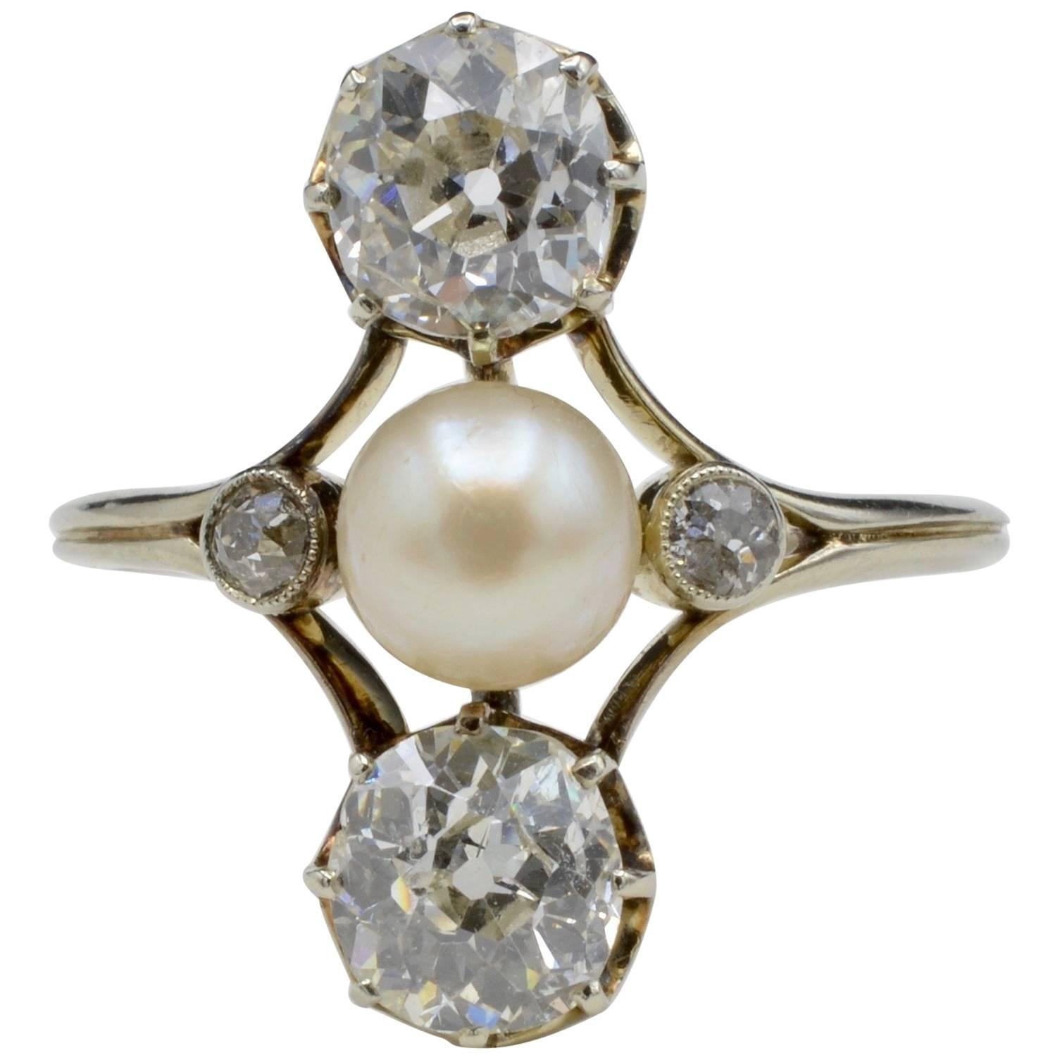 Napoleon III Old Mine Cut Diamonds and Fresh Water Pearl Ring Josephine Style For Sale