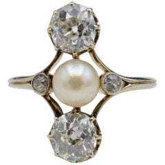 Antique Napoleon III Old Mine Cut Diamonds and Fresh Water Pearl Ring Josephine Style