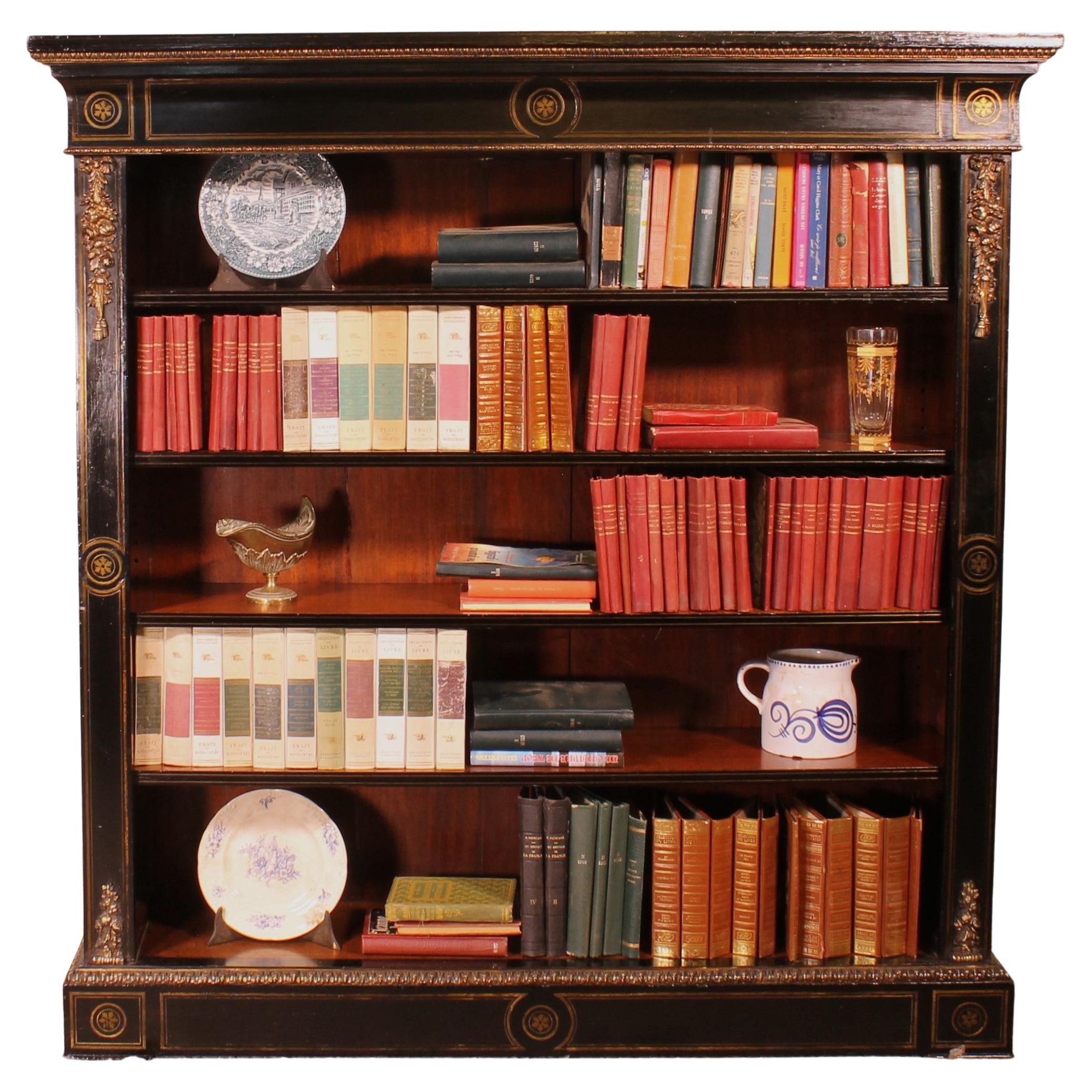 Napoleon III Open Bookcase in Blackened Wood and Brass Marquetry, 19th Century