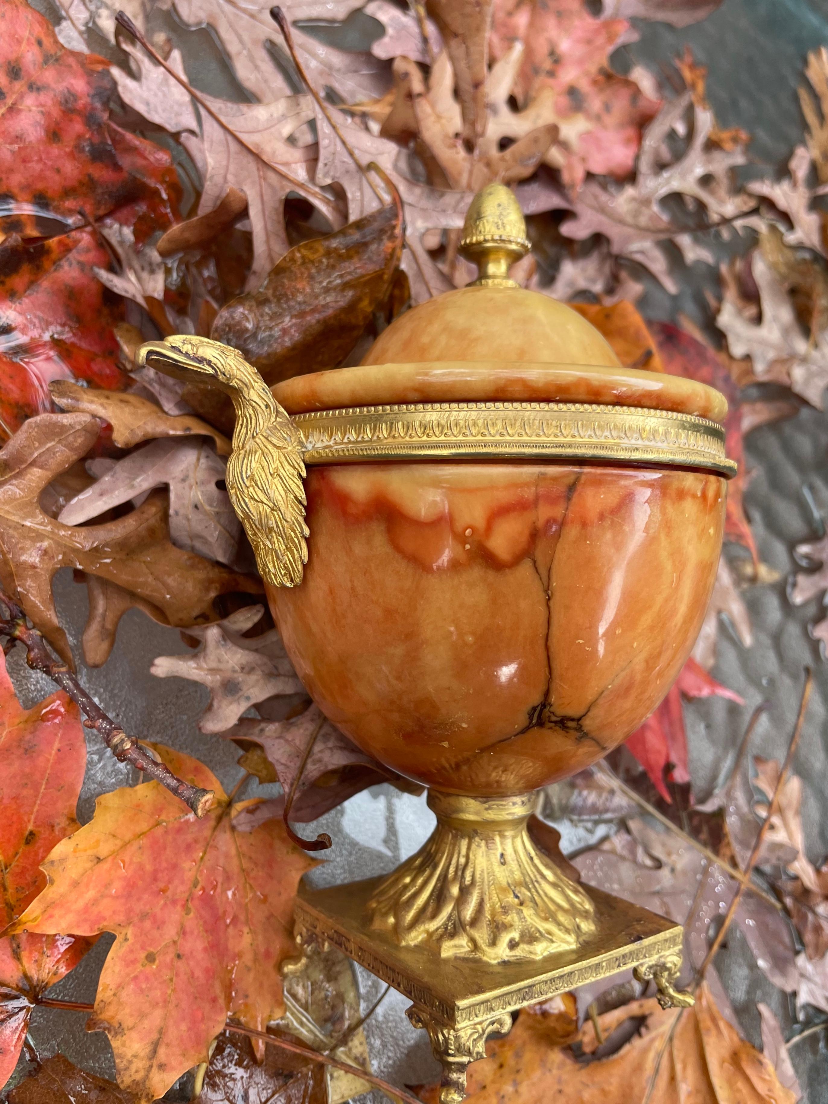 Napoleon III orange marble eagle urn.  Neoclassical style orange apricot marble urn with gold metal mounts at finial rim handles and base; gold painted antimony metal base with sculpted feet, neoclassical beaded trim at vase rim joining eagle