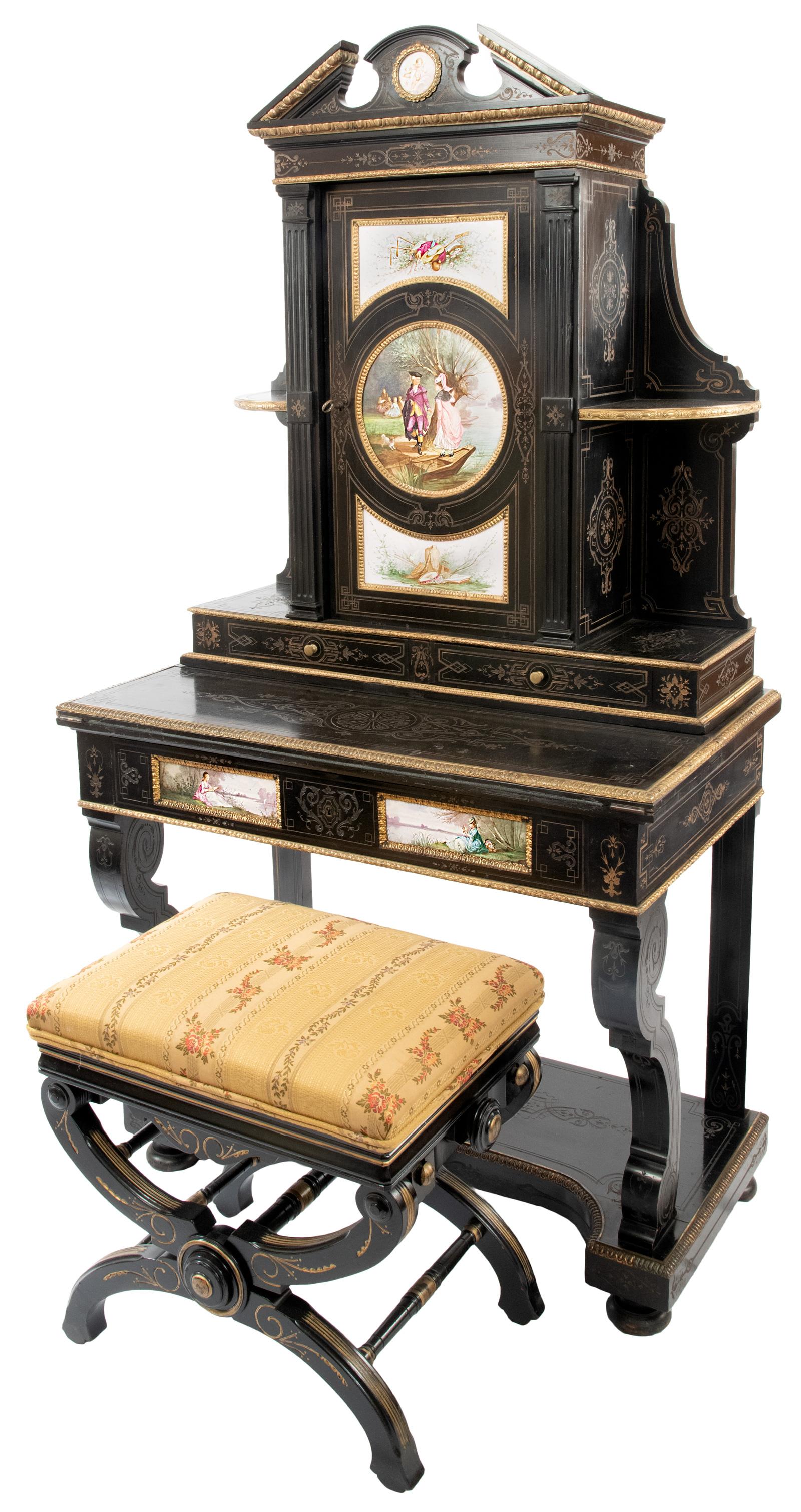 Napoleon III ormolu-mounted, incised, and ebonized desk with porcelain plaques. Accompanied by an Empire style parcel-gilt adjustable stool.