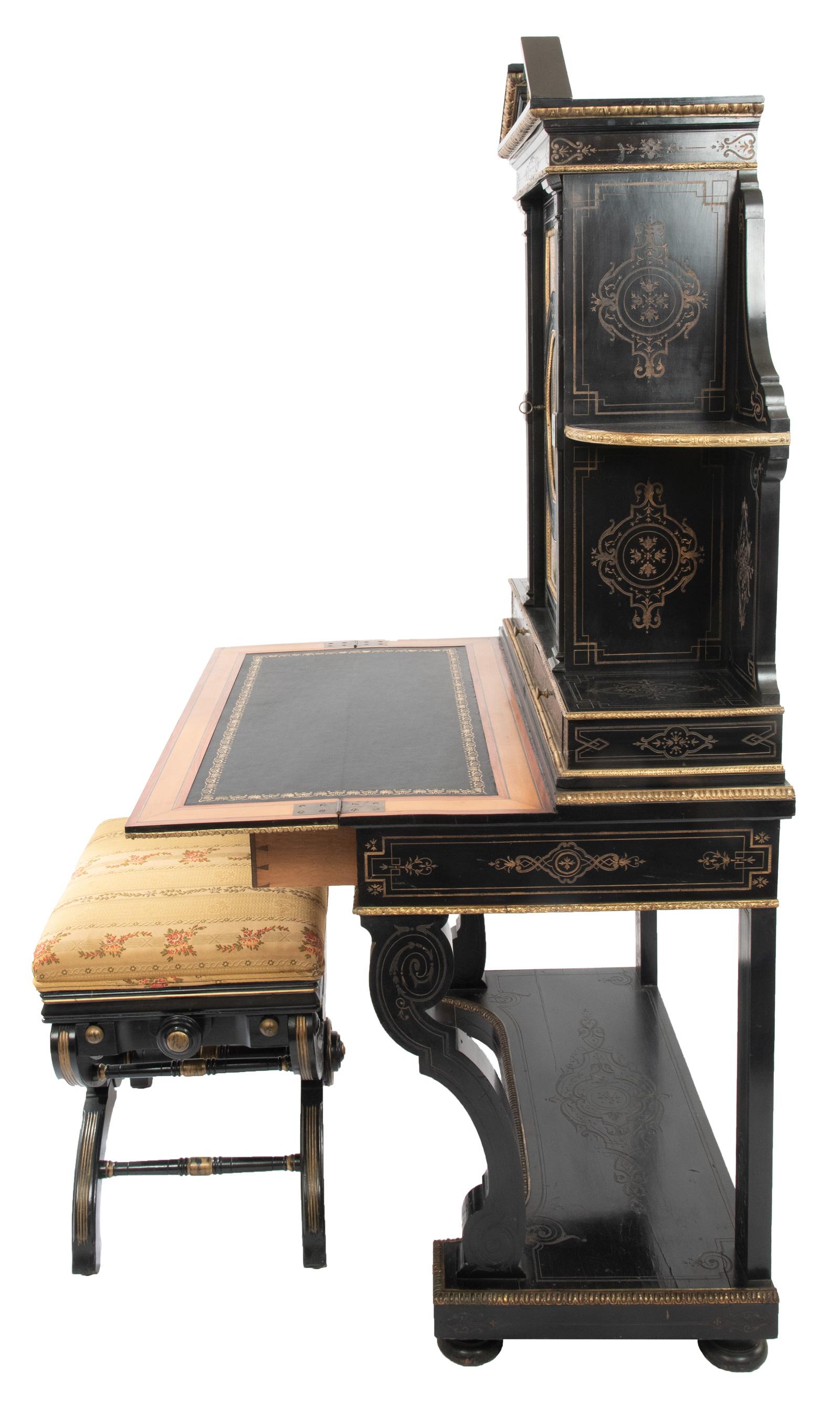 19th Century Napoleon III Ormolu-Mounted and Ebonized Desk with Adjustable Stool For Sale