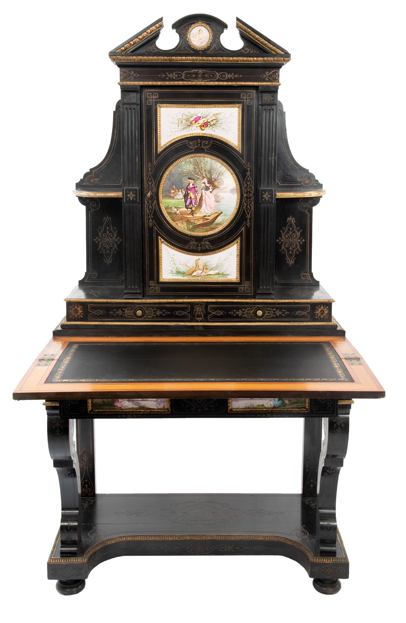Wood Napoleon III Ormolu-Mounted and Ebonized Desk with Adjustable Stool For Sale
