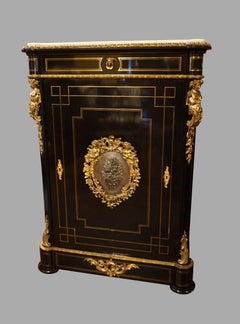 Napoleon III Ormolu Mounted Brass Inlaid Ebonized Cabinet with Marble Top