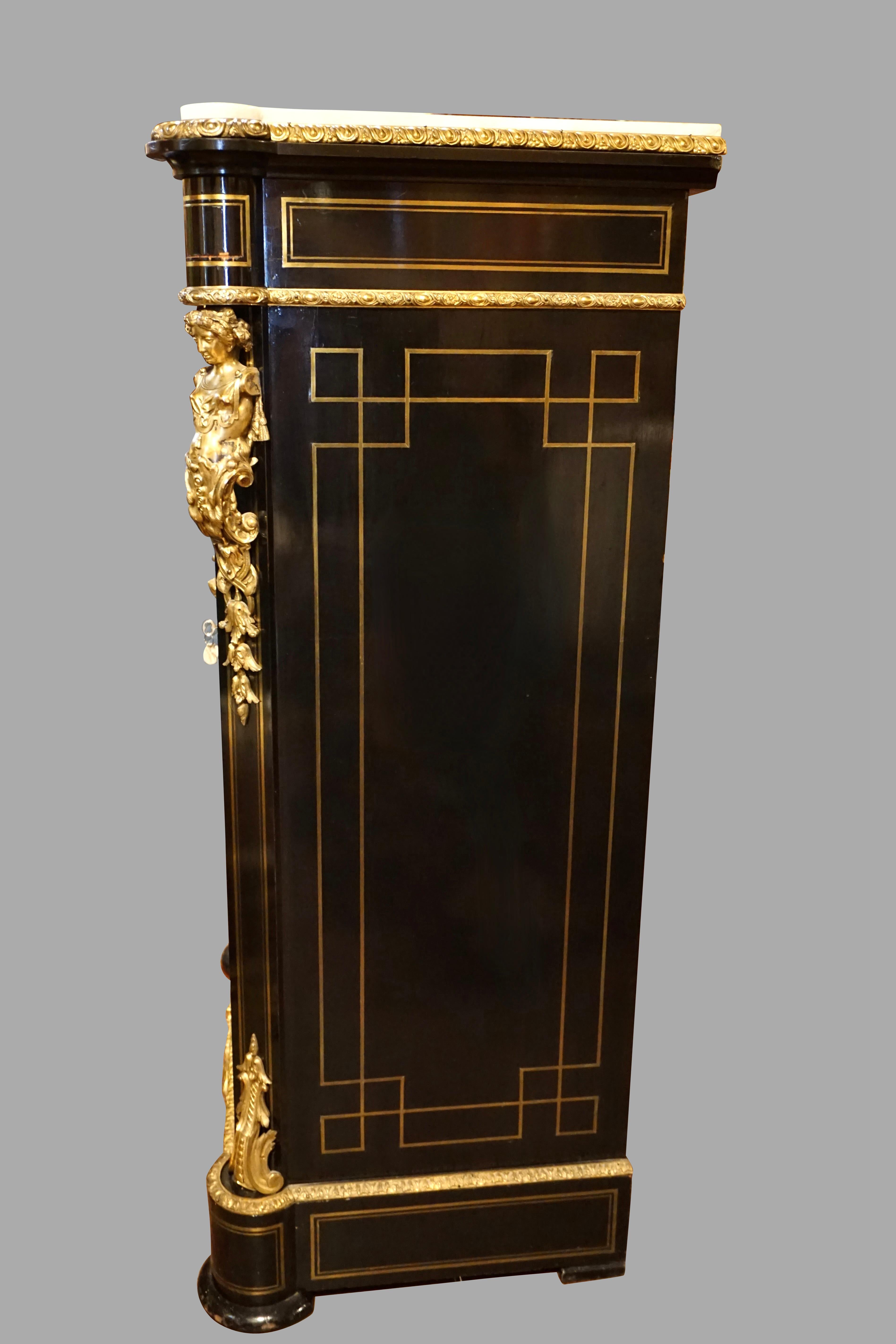 Napoleon III Ormolu Mounted Brass Inlaid Ebonized Cabinet with Marble Top In Good Condition In San Francisco, CA