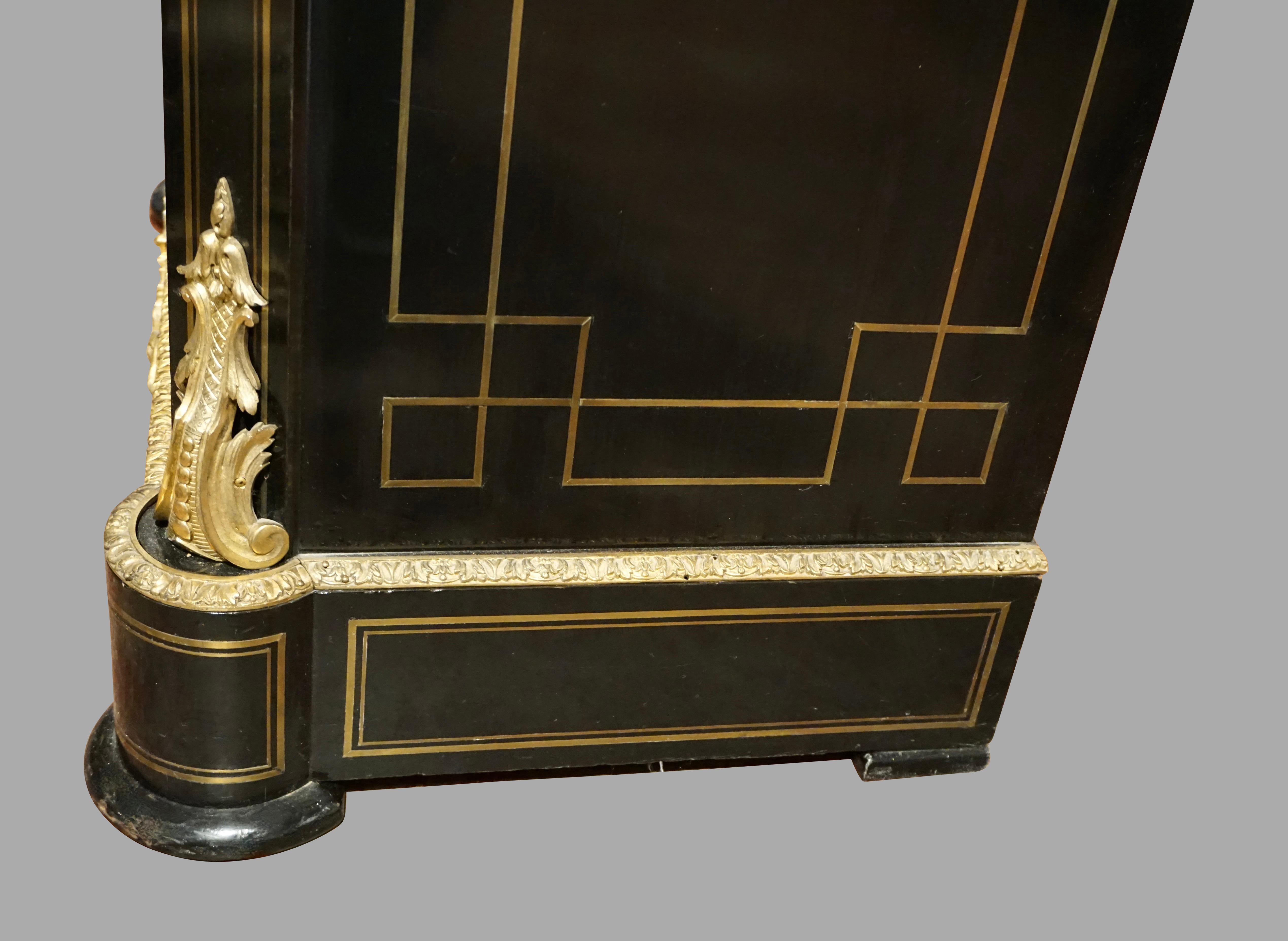 Late 19th Century Napoleon III Ormolu Mounted Brass Inlaid Ebonized Cabinet with Marble Top
