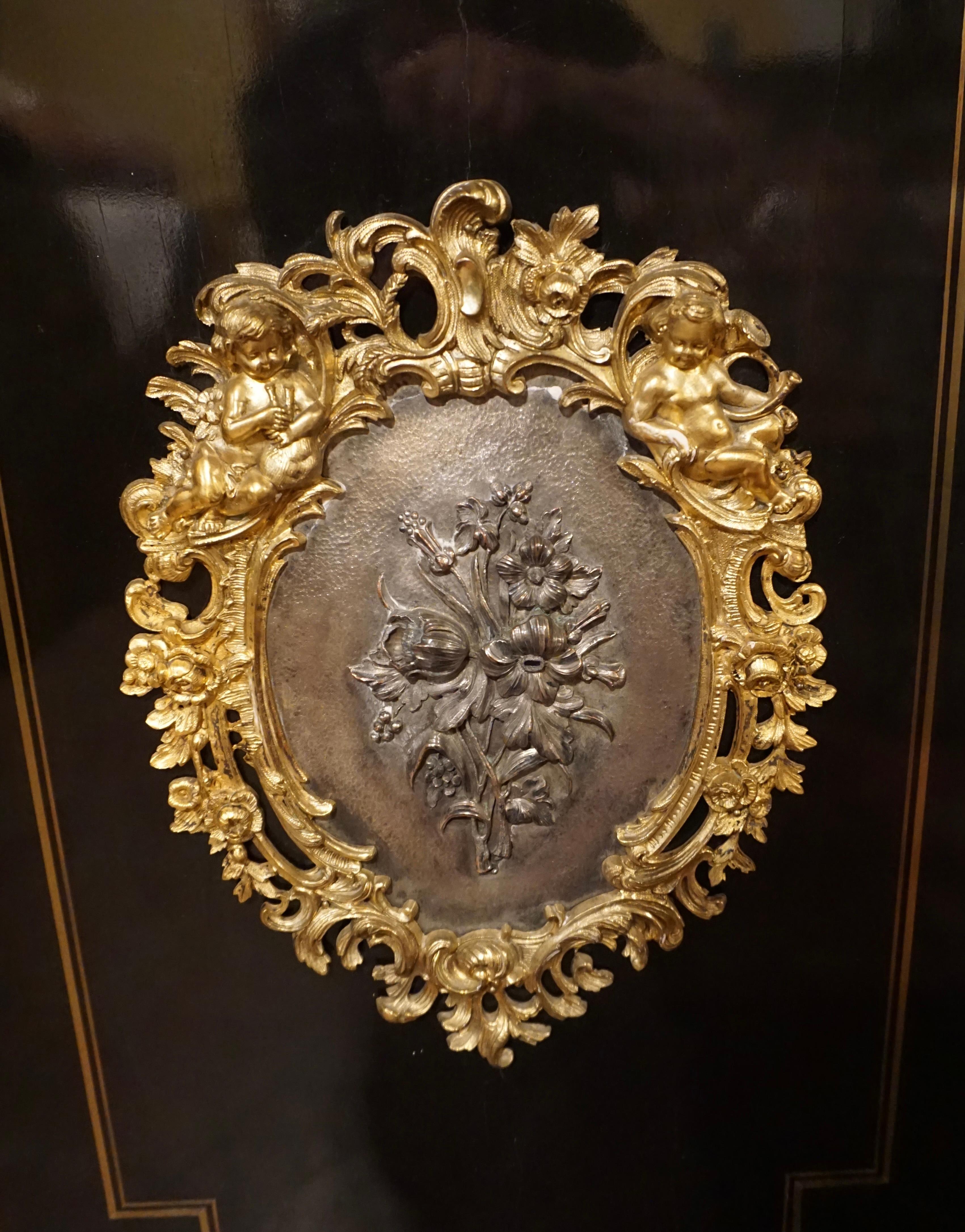 Beech Napoleon III Ormolu Mounted Brass Inlaid Ebonized Cabinet with Marble Top