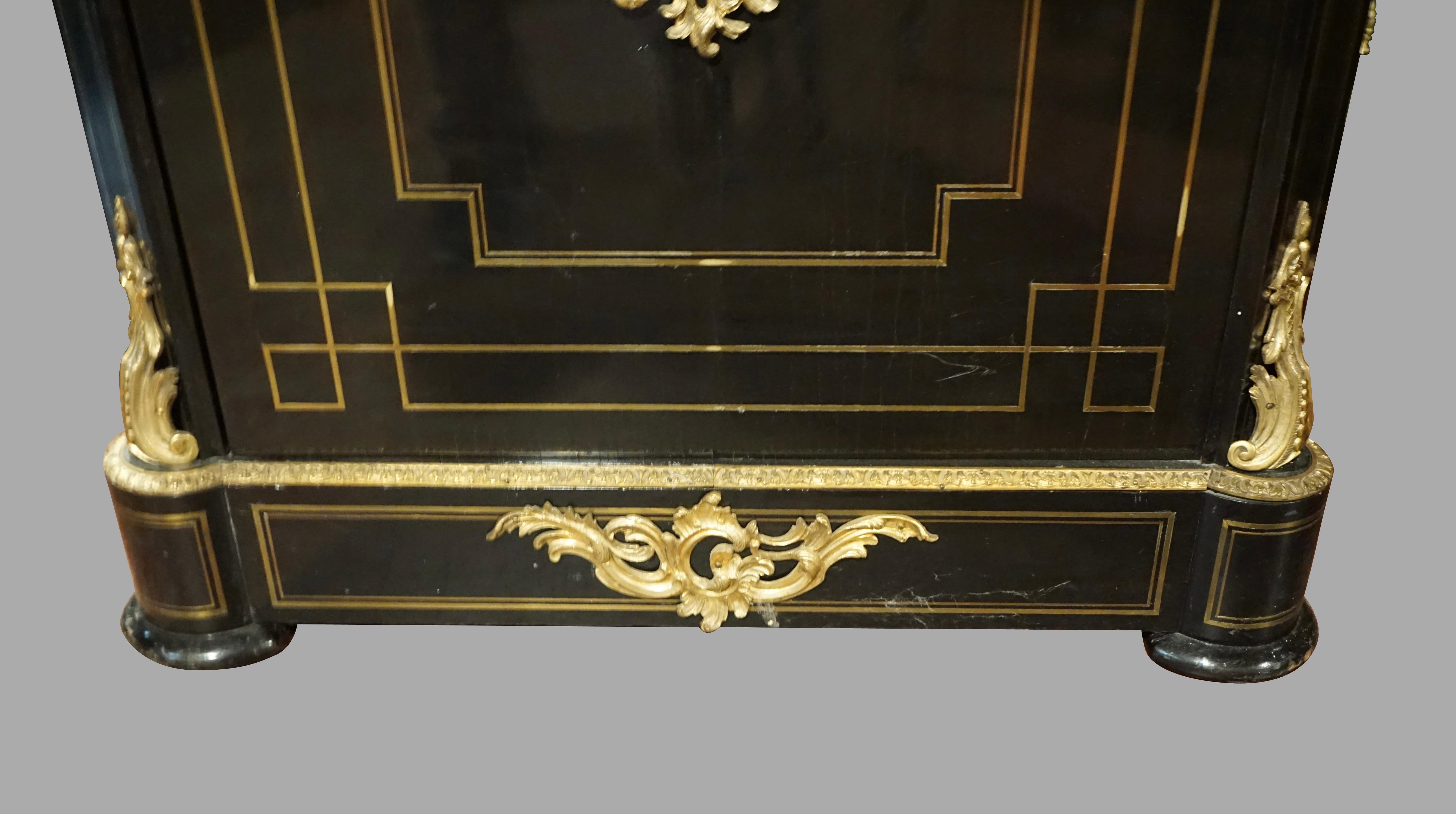 Napoleon III Ormolu Mounted Brass Inlaid Ebonized Cabinet with Marble Top 2