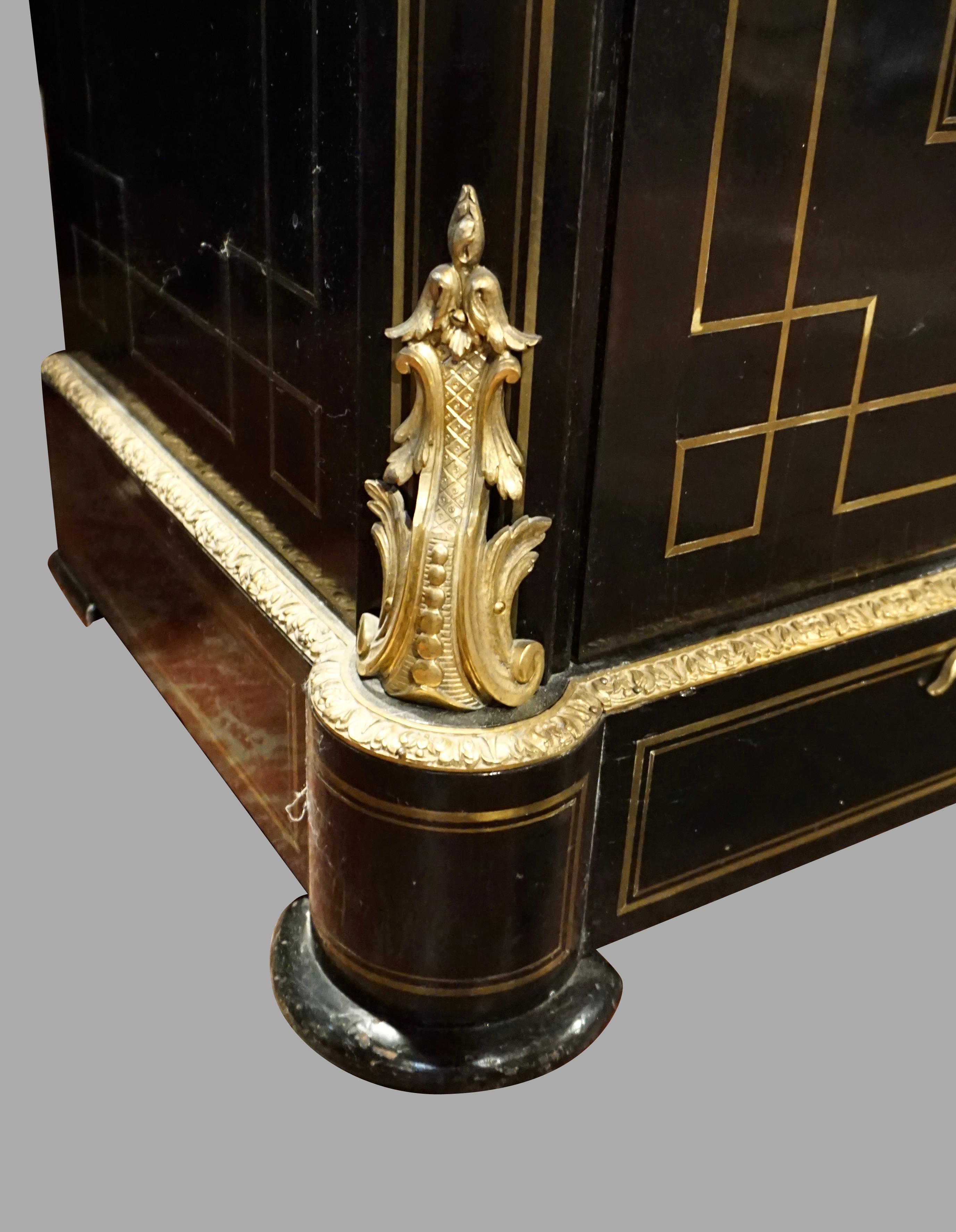 Napoleon III Ormolu Mounted Brass Inlaid Ebonized Cabinet with Marble Top 3