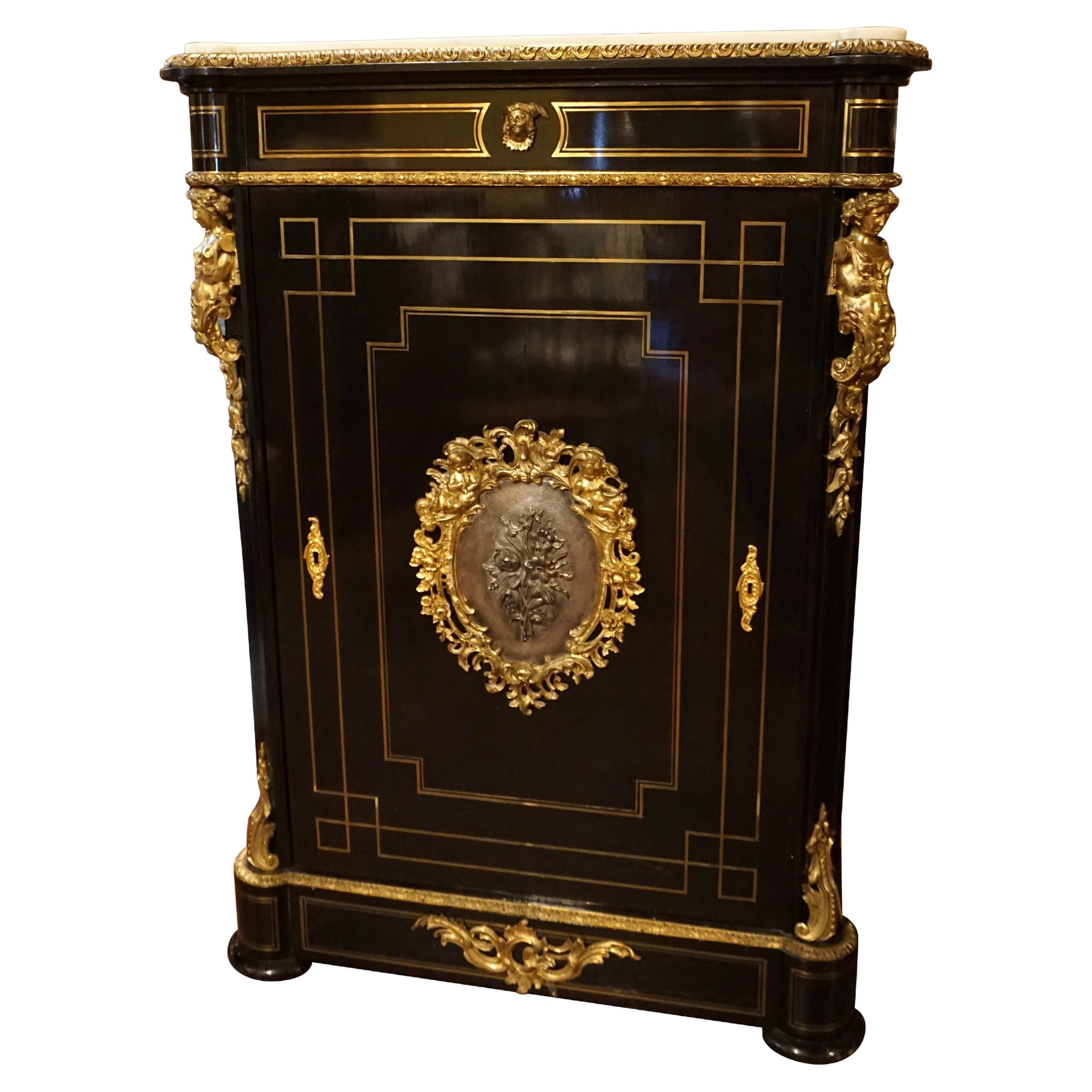 Napoleon III Ormolu Mounted Brass Inlaid Ebonized Cabinet with Marble Top