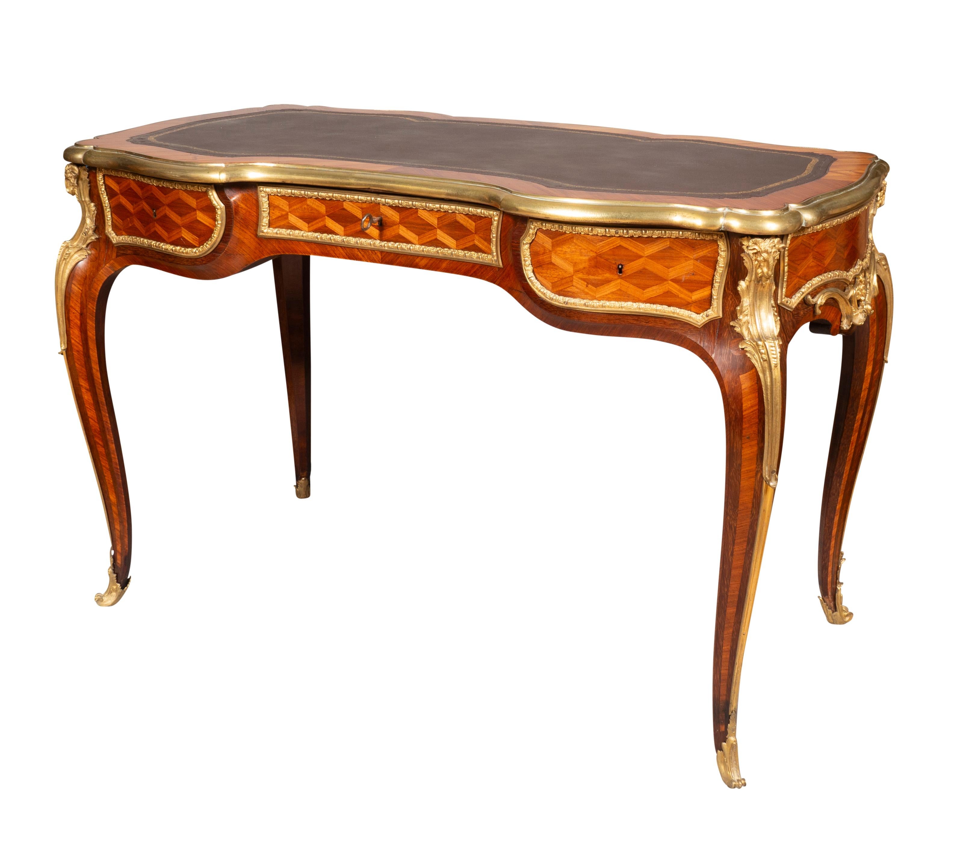 Napoleon III Ormolu Mounted Tulipwood Bureau Plat Attributed To Wassmus In Good Condition For Sale In Essex, MA