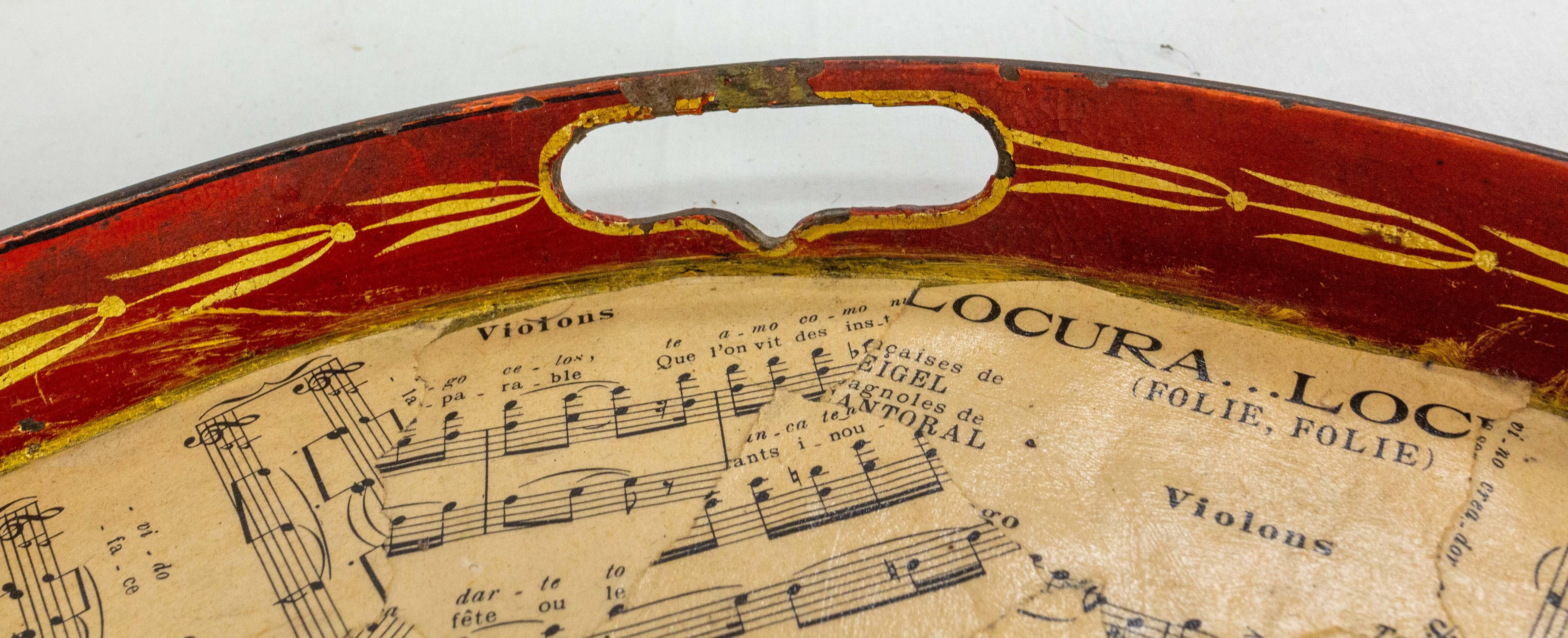19th Century Napoleon III Oval Brass Tray Customized with Music Paper, French circa 1880 For Sale