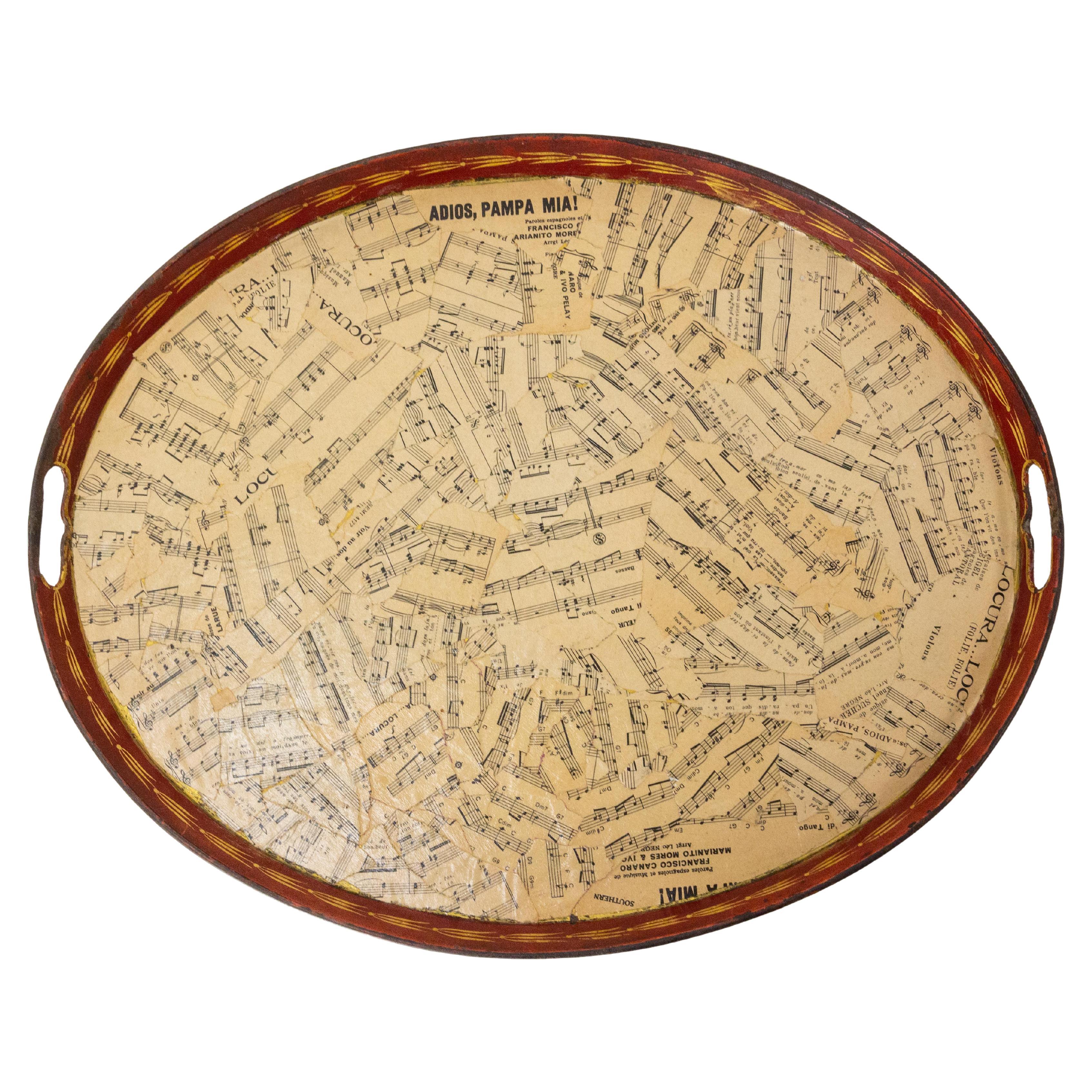 Napoleon III Oval Brass Tray Customized with Music Paper, French circa 1880 For Sale