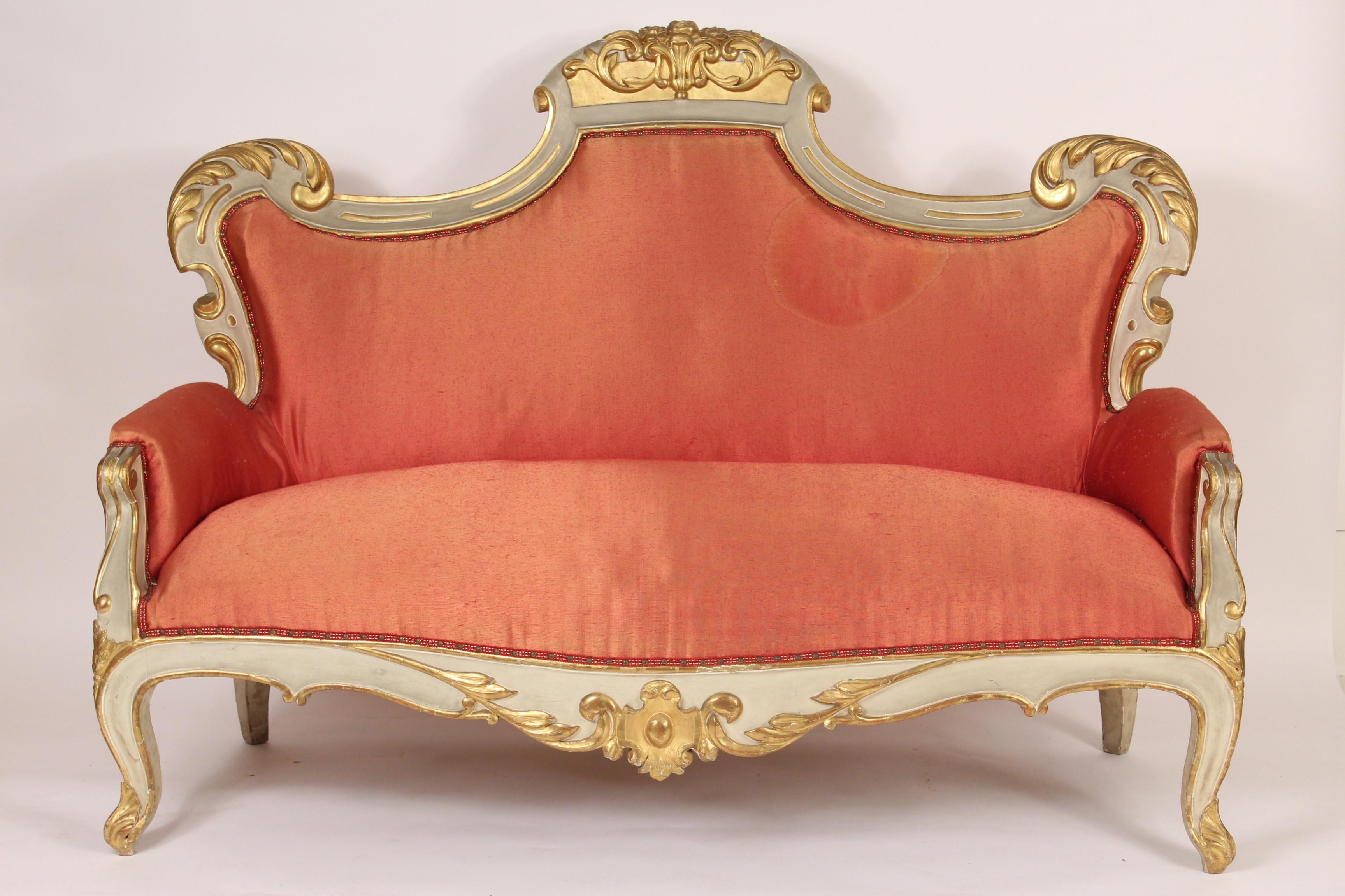 Napoleon III painted and partial gilt sofa / settee, circa 1870. The gilding on this sofa is gold leaf. The sofa has a deep seat that makes it comfortable to sit on.