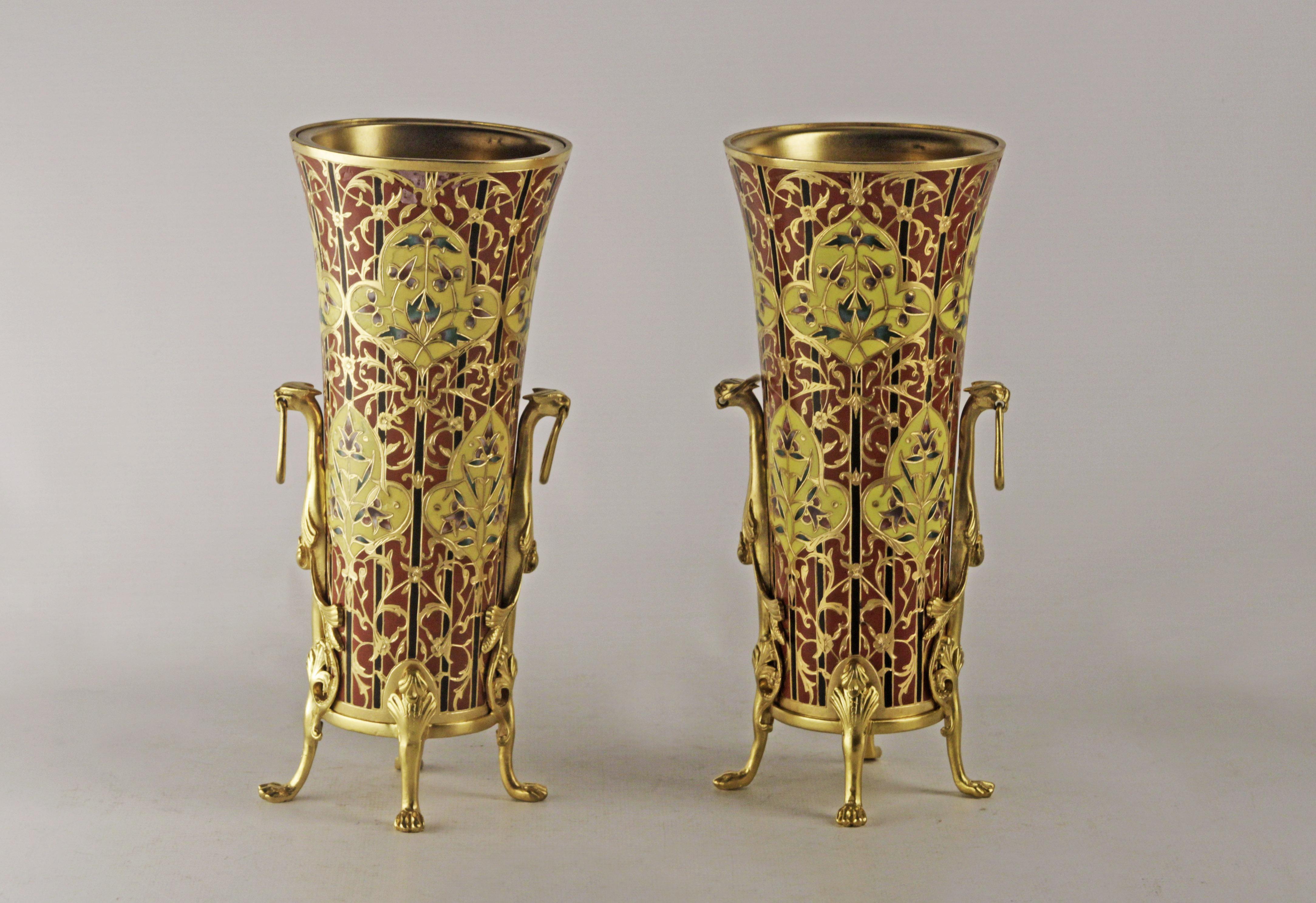 Pair of Barbadians of Napoleon III
Pair of vases with enamel Barbediene French foundry
Very good condition (some natural wear)
Gilt bronze and enamel
Attributed to Louis Constant Sevin
Signed on its base lower part Barbediene
Decorated with