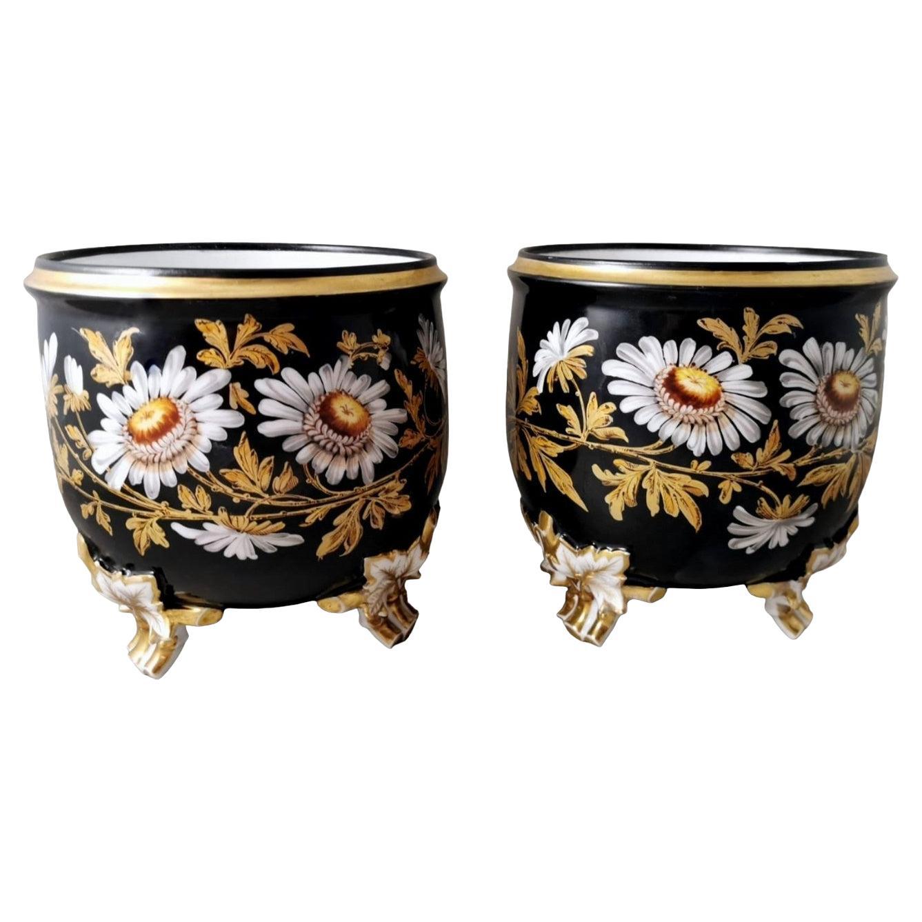 Napoleon III Pair of French Cachepots Porcelain De Paris Hand Painted