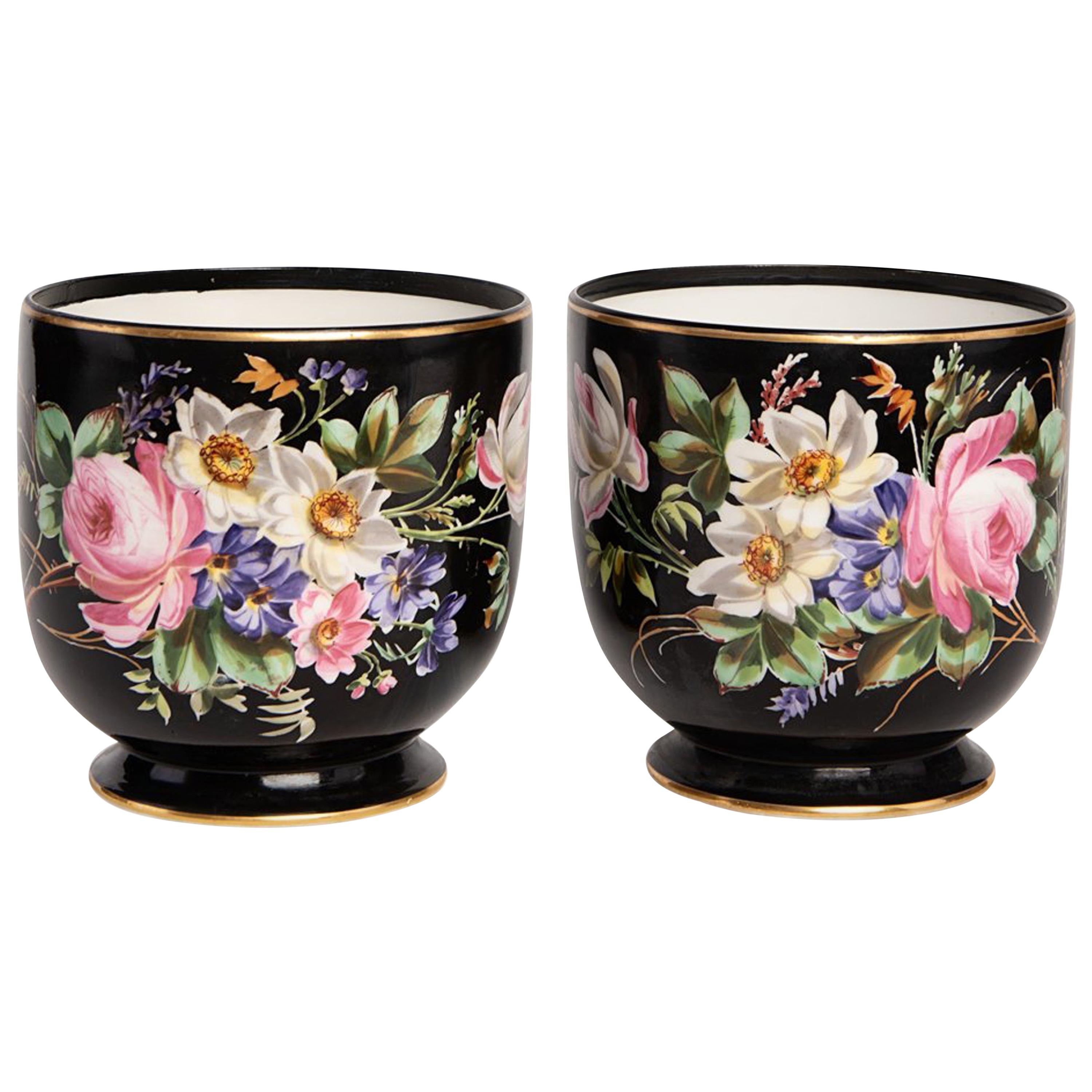 Napoleon III Pair of French Porcelaine Cachepots Hand Painted