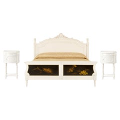 Napoleon III Palatial Bed Off White Lacquer & Bedside Tables, Late 19th Century