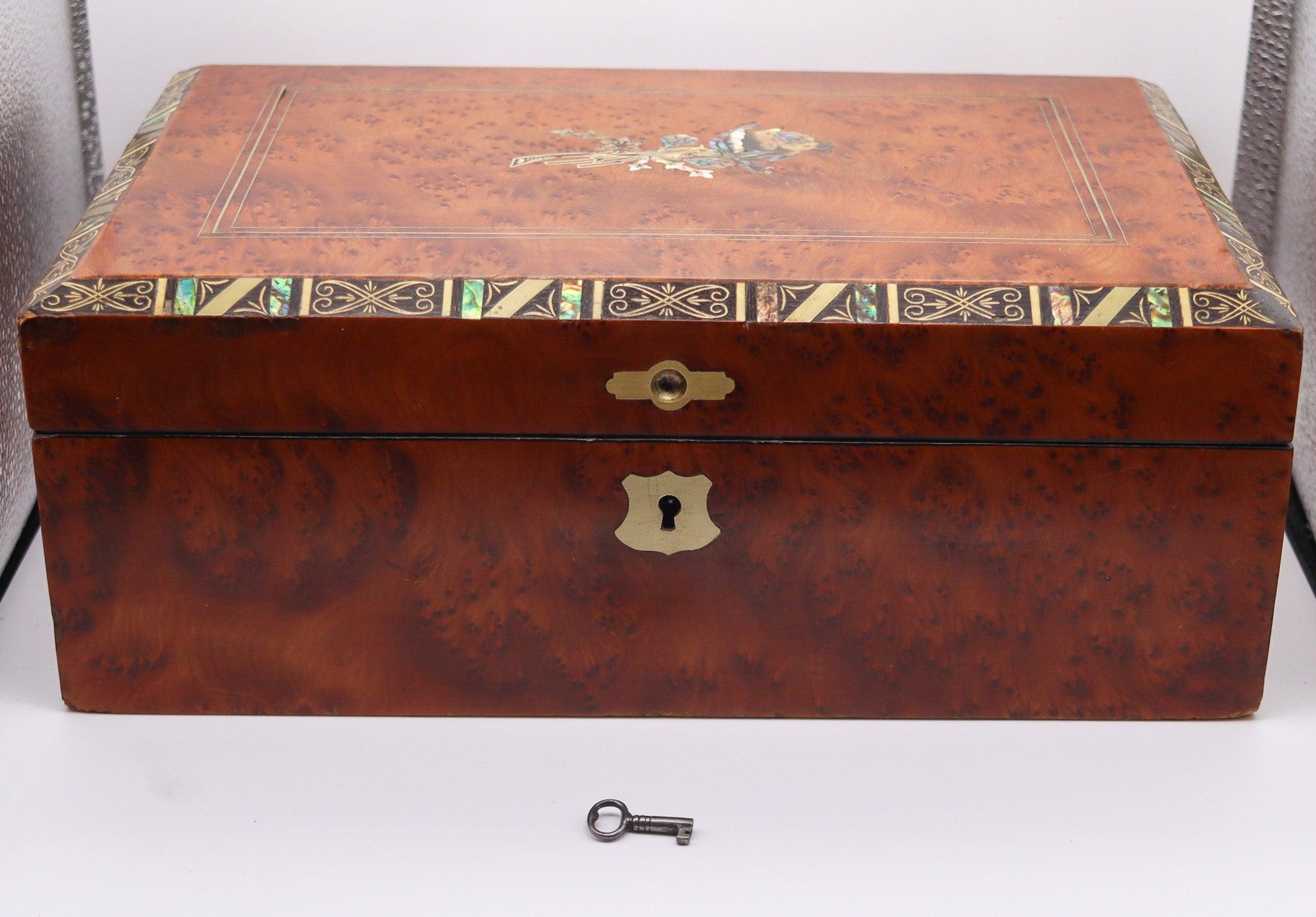NAPOLEON III Paris 1860 Travel Foldable Writing Desk Box In Precious Woods & Aba For Sale 7