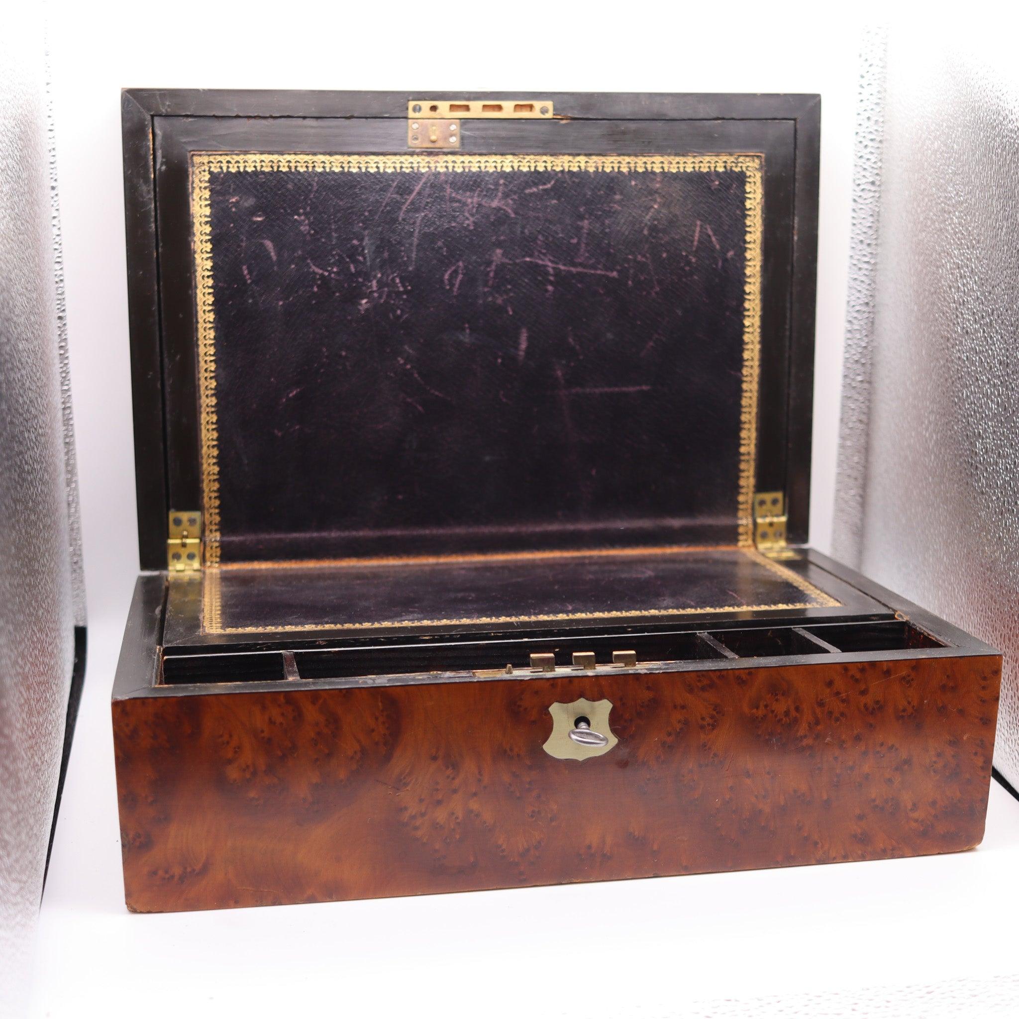 Mid-19th Century NAPOLEON III Paris 1860 Travel Foldable Writing Desk Box In Precious Woods & Aba For Sale