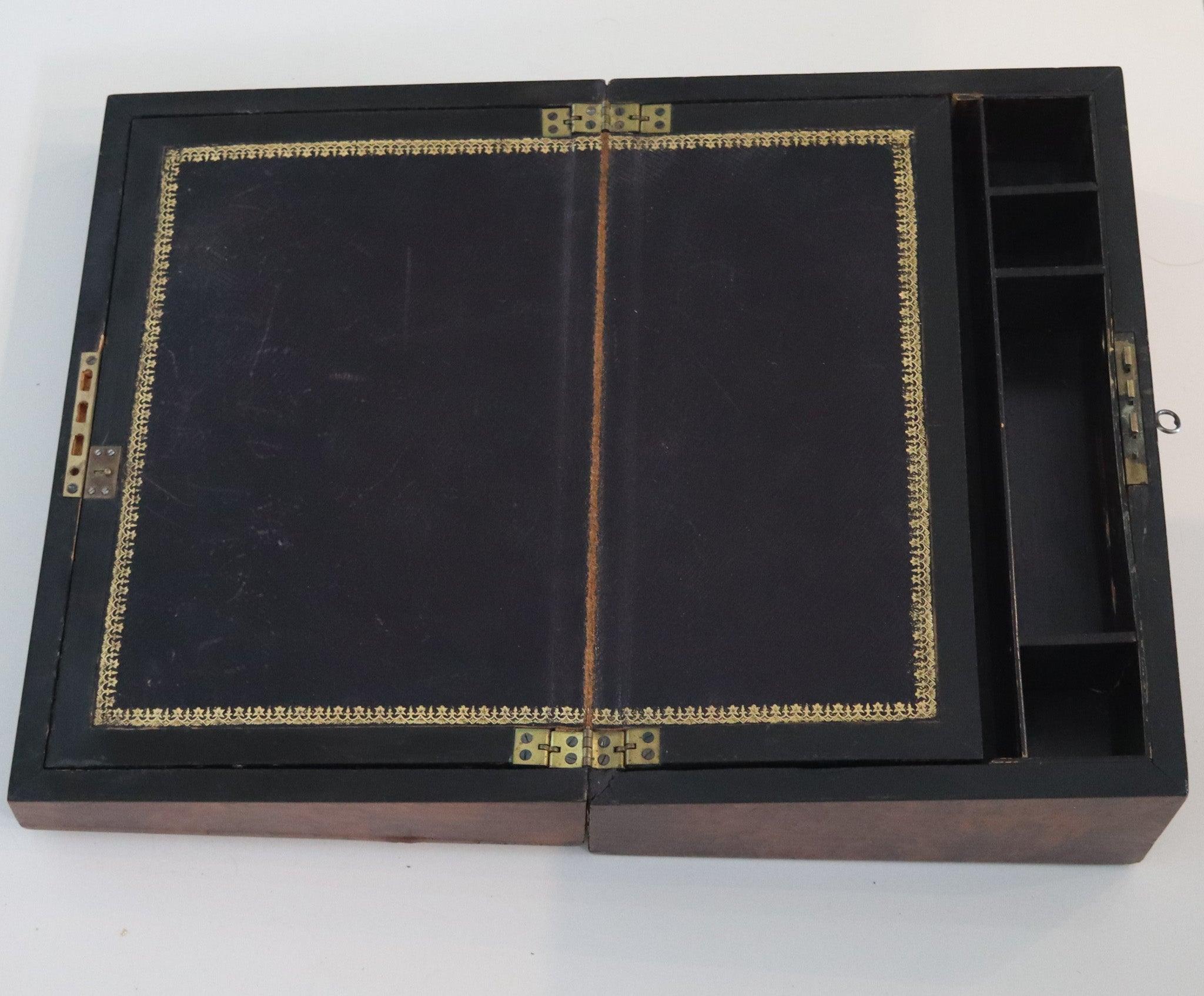 Leather NAPOLEON III Paris 1860 Travel Foldable Writing Desk Box In Precious Woods & Aba For Sale
