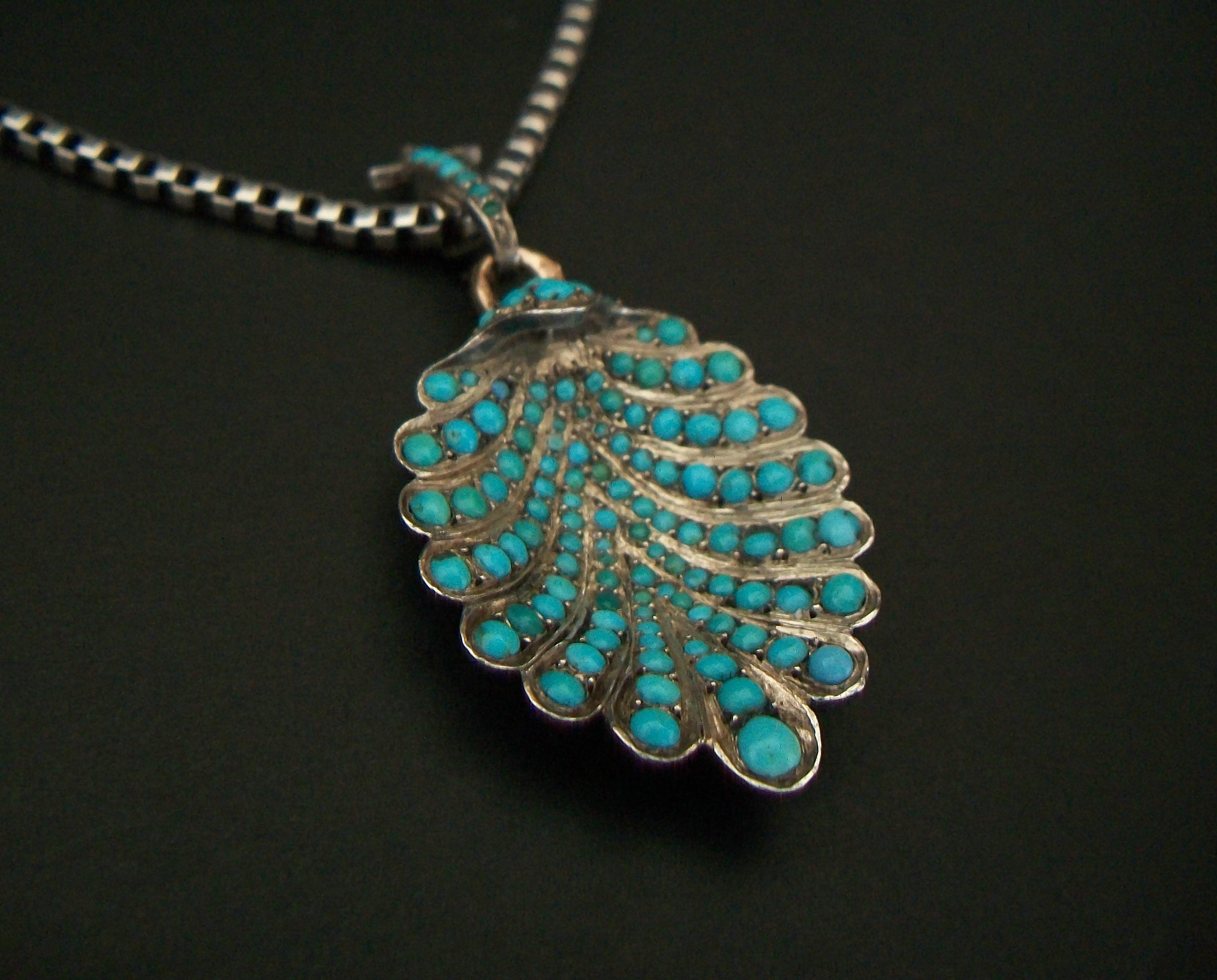 Napoleon III Pavé Set Turquoise Scallop Shell Pendant Necklace, France, C.1860 1