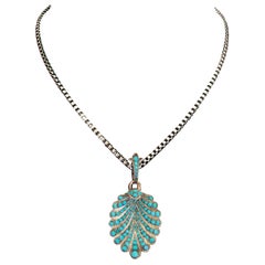 Napoleon III Pavé Set Turquoise Scallop Shell Pendant Necklace, France, C.1860