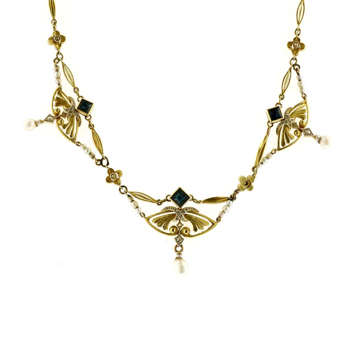 Mixed Cut Napoleon III Pearl Sapphire Diamond Openwork Necklace in 18K Gold