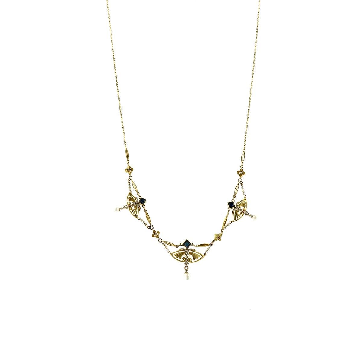 Napoleon III Pearl Sapphire Diamond Openwork Necklace in 18K Gold In Good Condition In Houston, TX