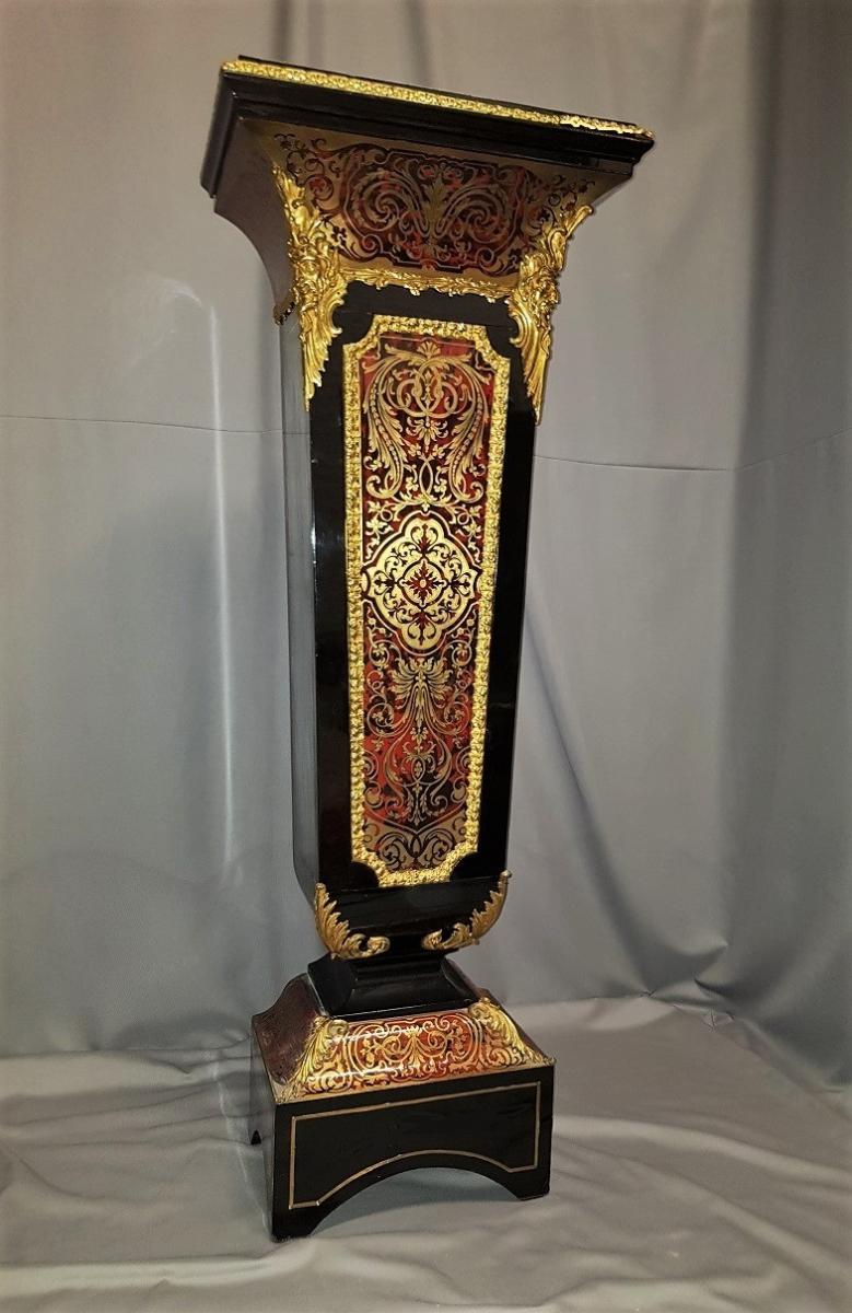 Blackened Napoleon III Pedestal Column in Boulle Marquetry, France, 19th Century