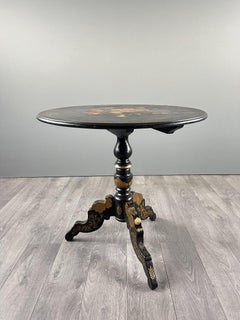 Napoleon III Pedestal Table In Black Wood With Painted Floral Decoration